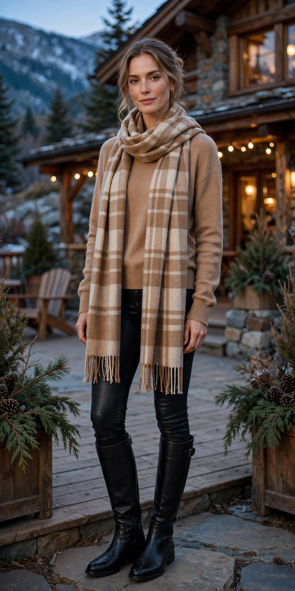 Woman wearing a waffle-knit thermal top and joggers in earth tones with fuzzy socks in a cabin