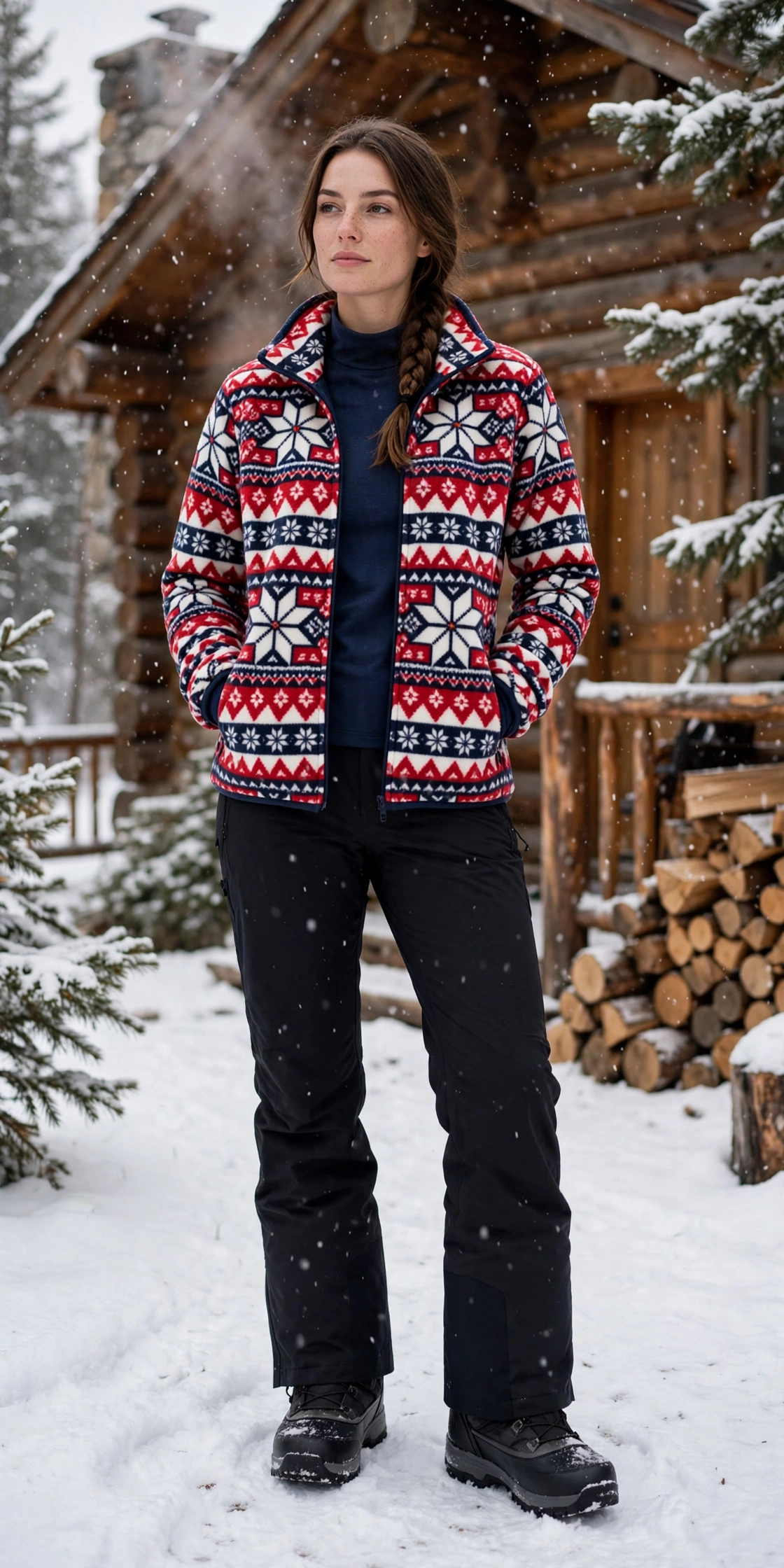 Woman in a white turtleneck sweater with black ski pants and moon boots at a ski lodge