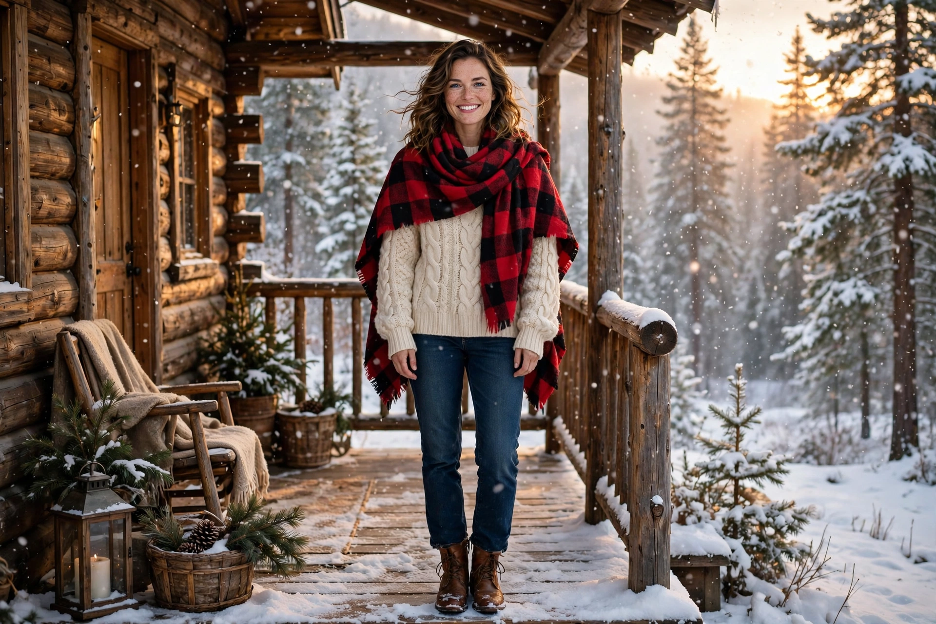 Woman in a cozy cabin outfit with knit sweater and beanie on a wooden porch with autumn mountains behind
