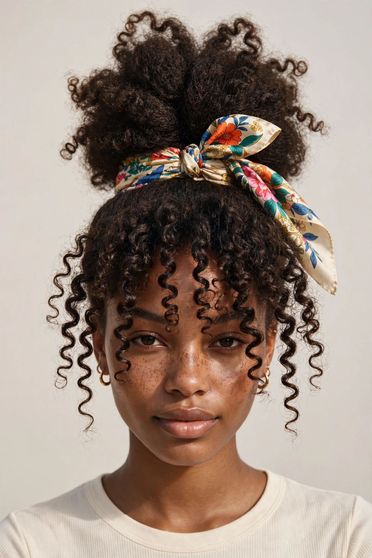 Woman wearing a curly pineapple updo with a silk scarf, an easy protective curly hairstyle idea
