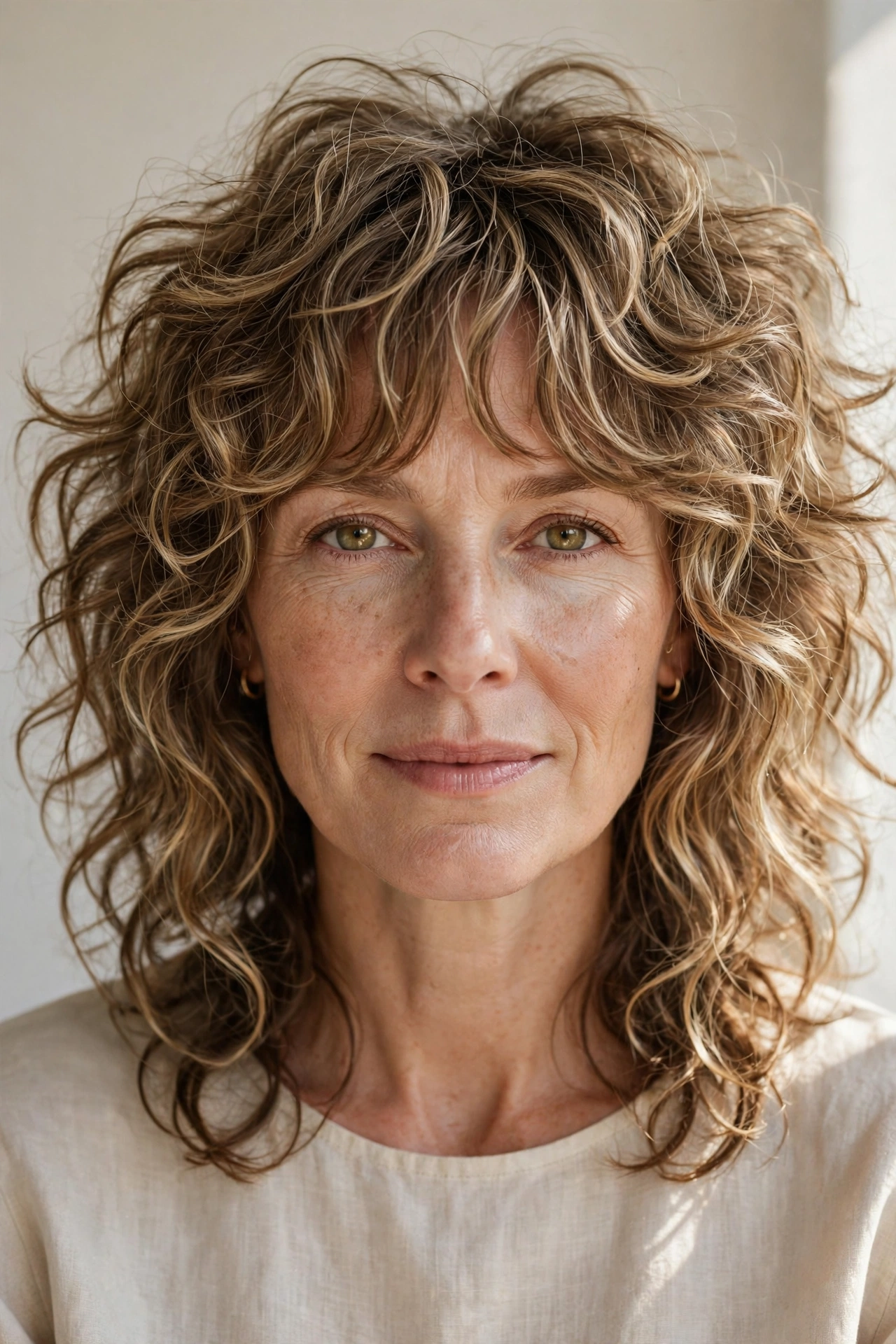Woman with a layered curly shag haircut and curtain fringe, a trendy curly hairstyle idea