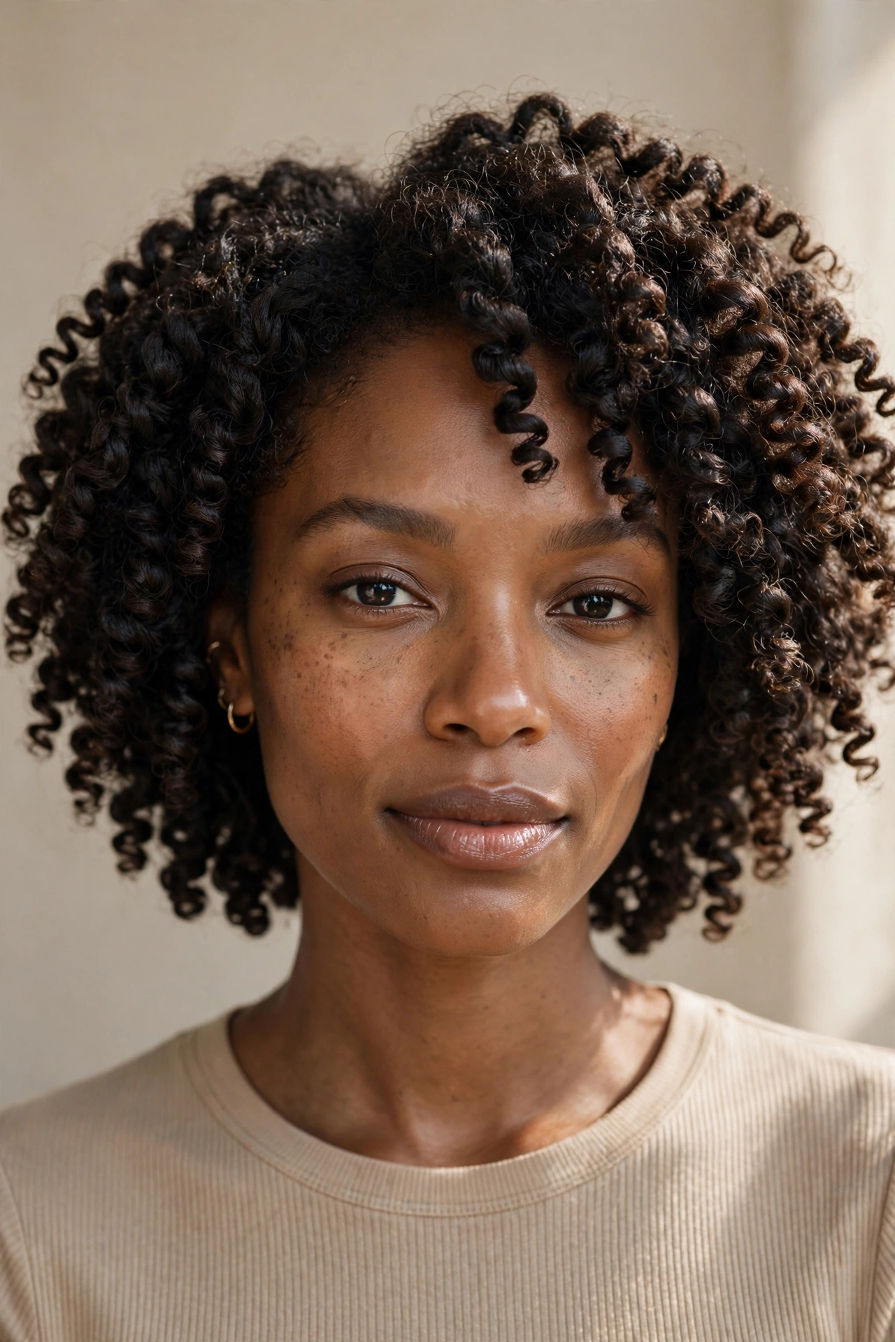 Woman with defined twist-out curls on natural hair, a protective curly hairstyle idea with lasting definition