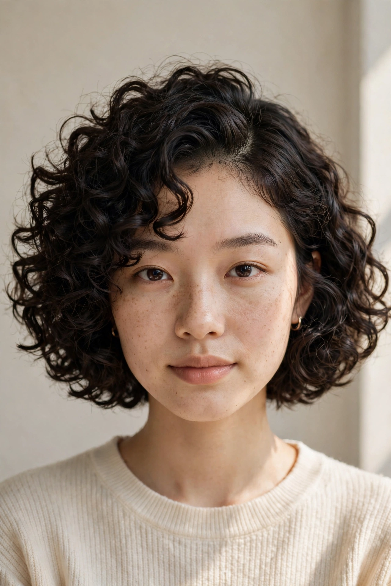 Woman with a chin-length curly bob haircut, a chic short curly hairstyle idea