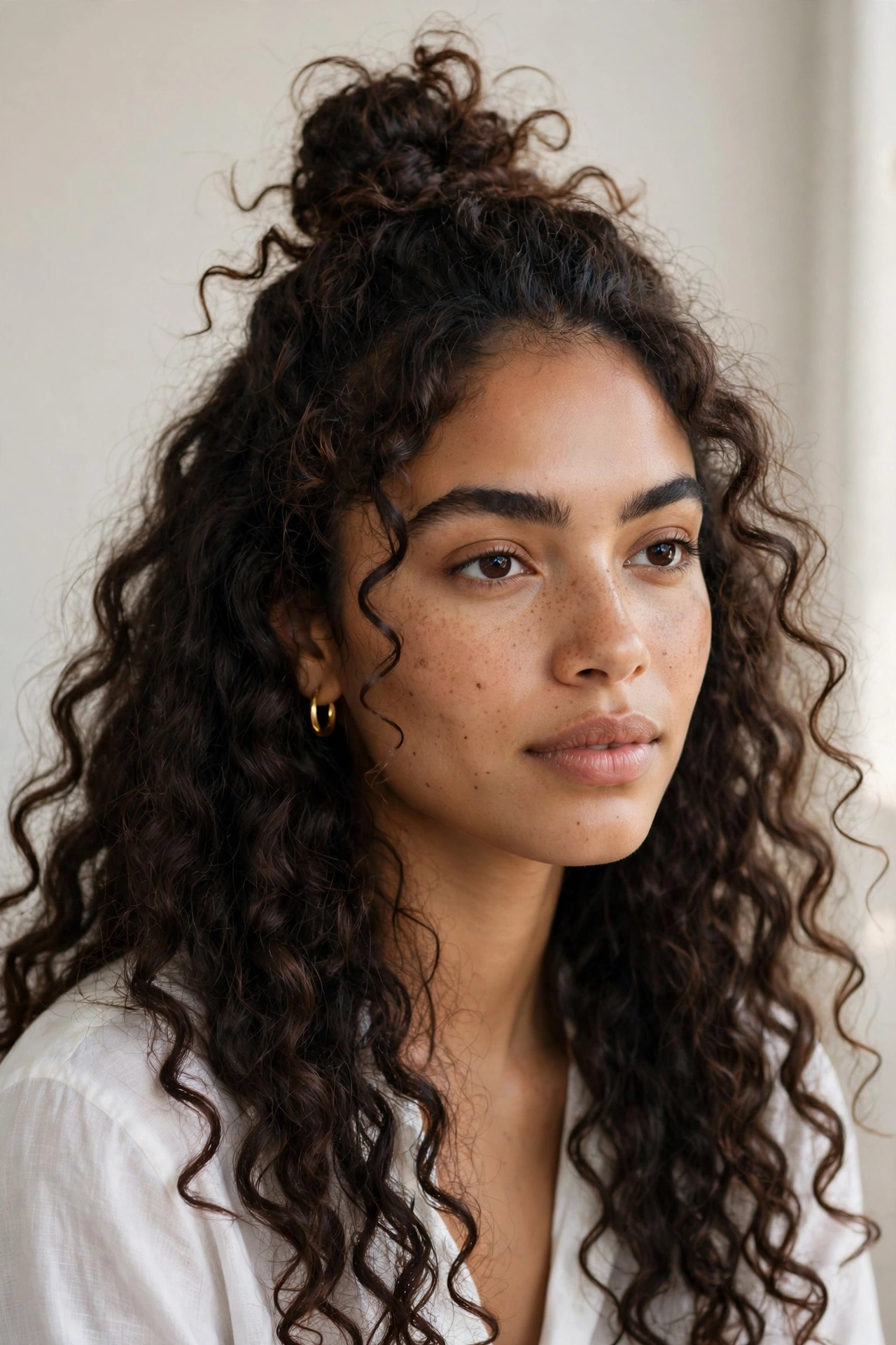 Woman with a curly half-up top knot, a versatile curly hairstyle idea for medium to long hair