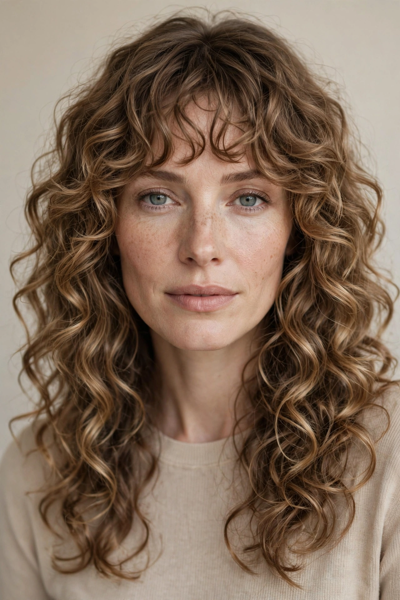 Woman with long curls and soft curly bangs, a romantic curly hairstyle idea