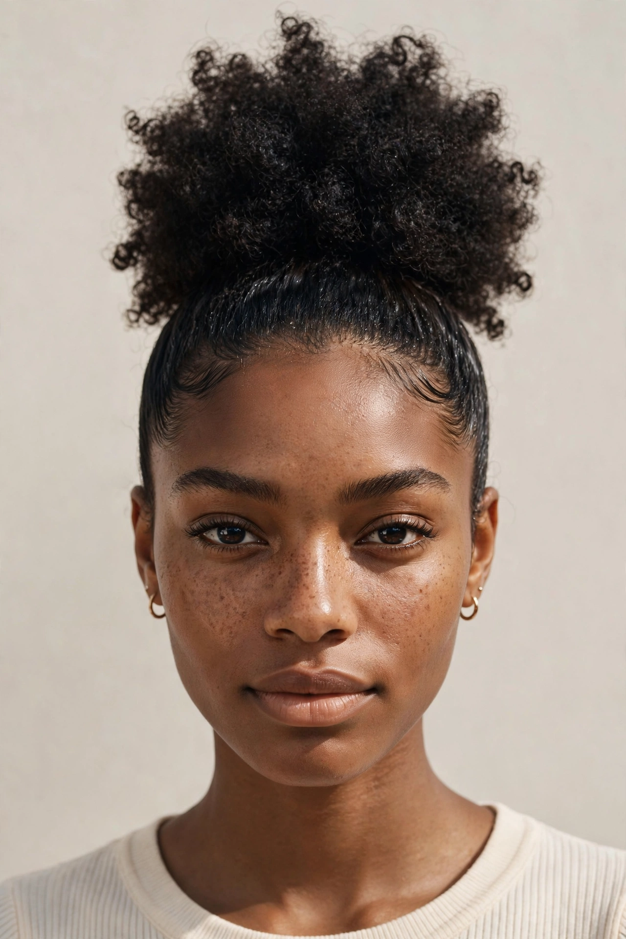 Woman with a high curly puff updo, a bold natural curly hairstyle idea celebrating volume