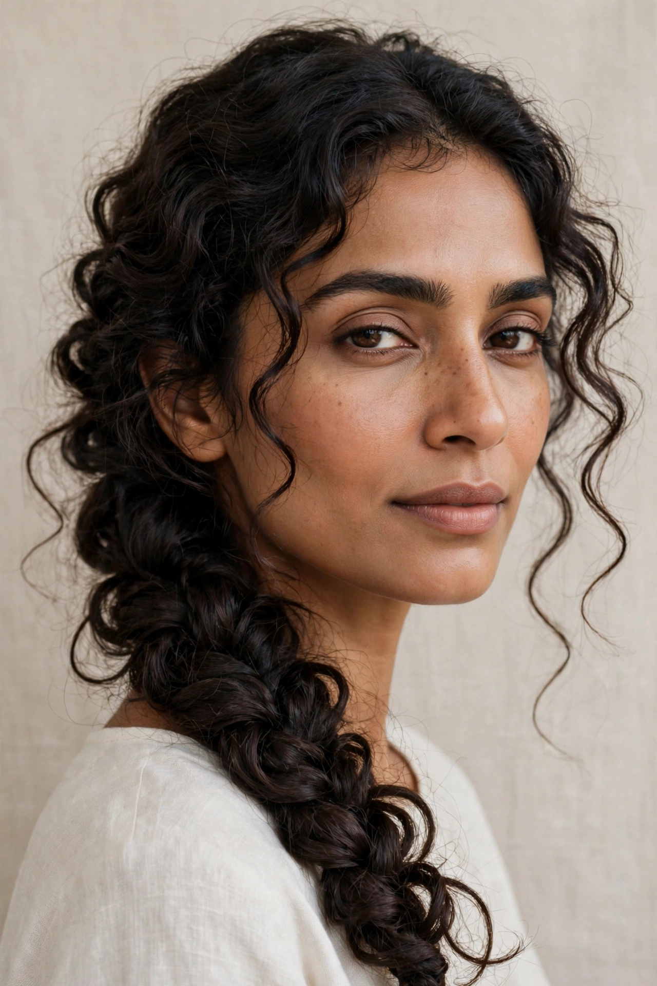 Woman with a loose curly side braid over her shoulder, a boho curly hairstyle idea