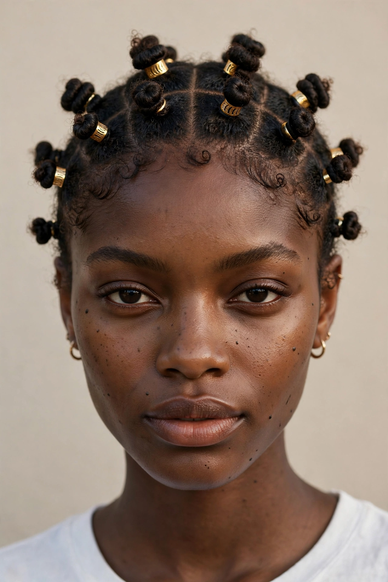 Woman with bantu knots on natural curls adorned with gold cuffs, a protective curly hairstyle idea
