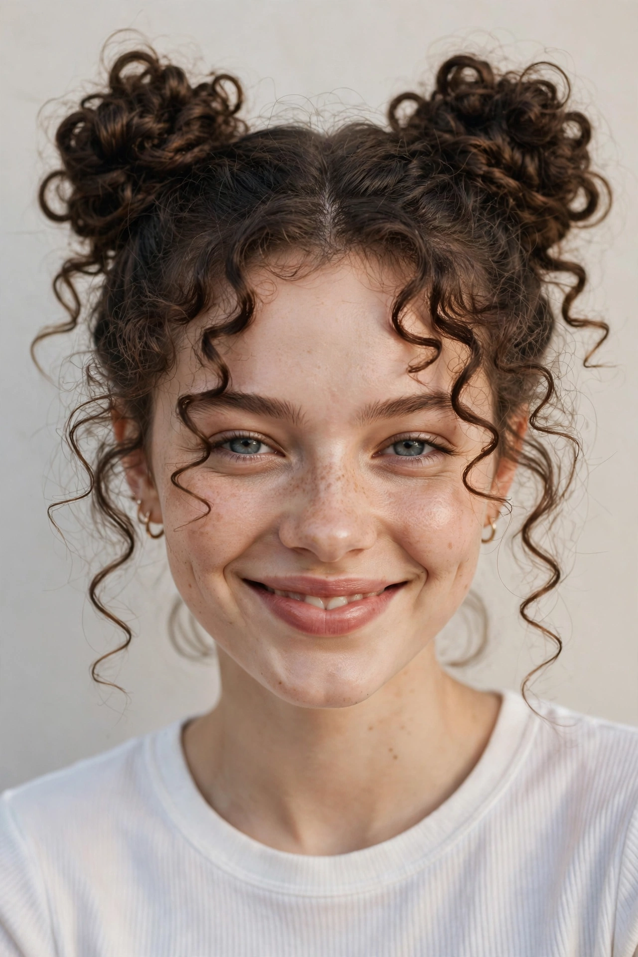 Young woman with playful curly space buns, a fun curly hairstyle idea for festivals and casual days