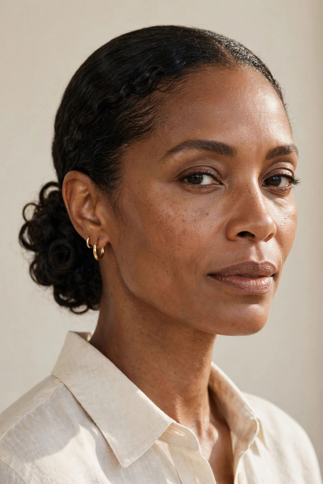 Woman with a sleek low curly bun at the nape, an elegant curly hairstyle idea for formal occasions