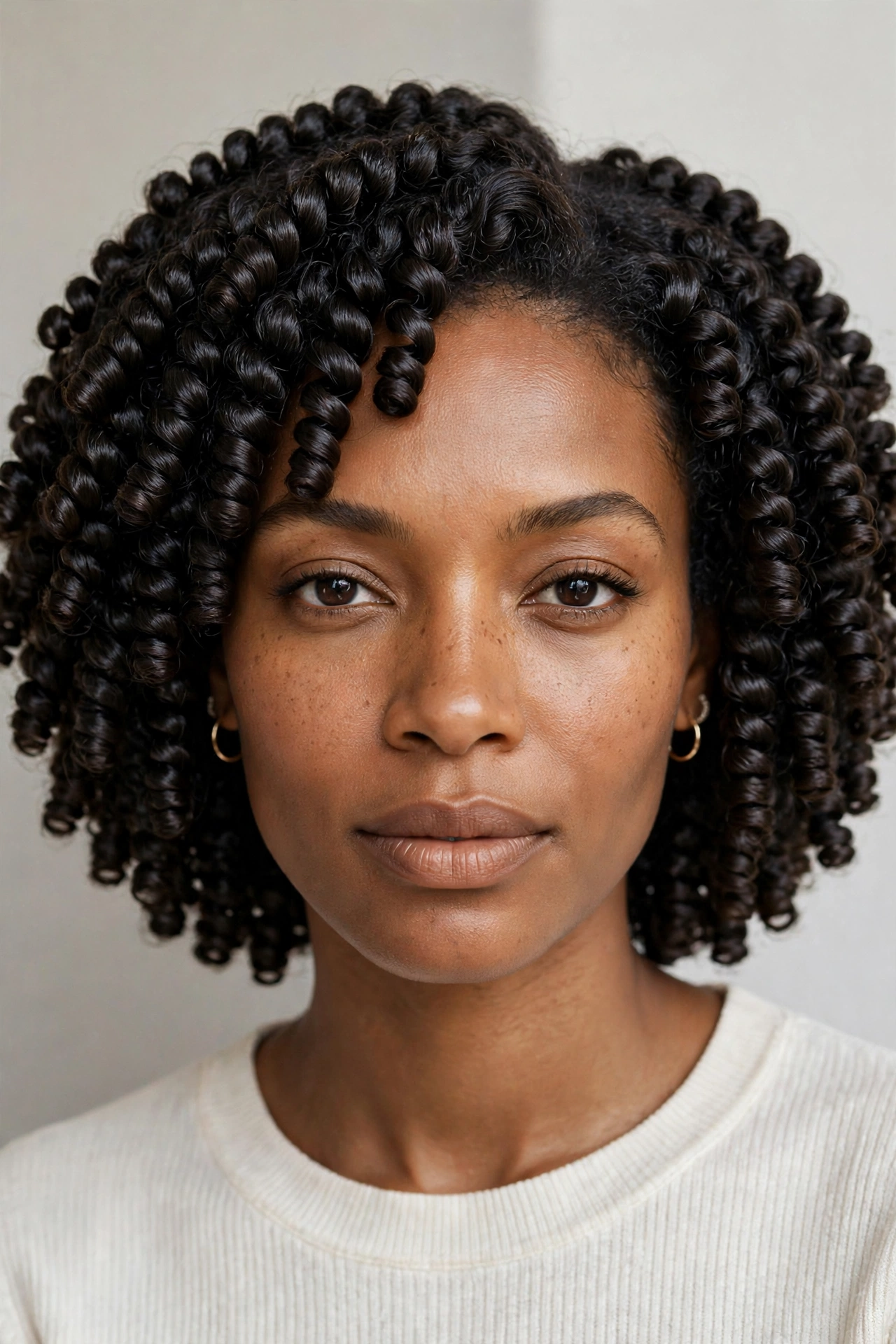 Woman with perfectly defined finger coils, a maximum-definition curly hairstyle idea