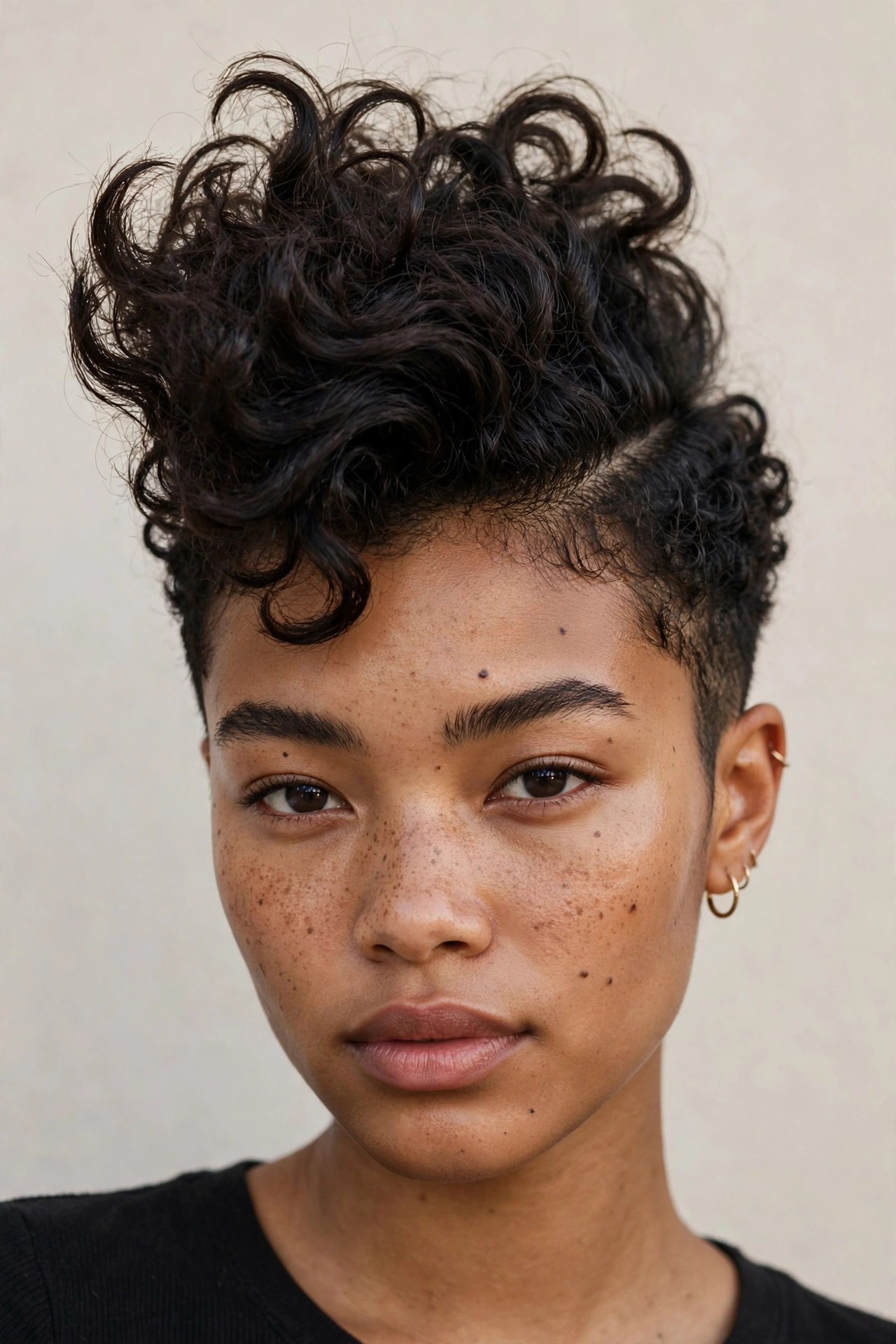 Woman with an edgy curly faux hawk, a bold statement curly hairstyle idea