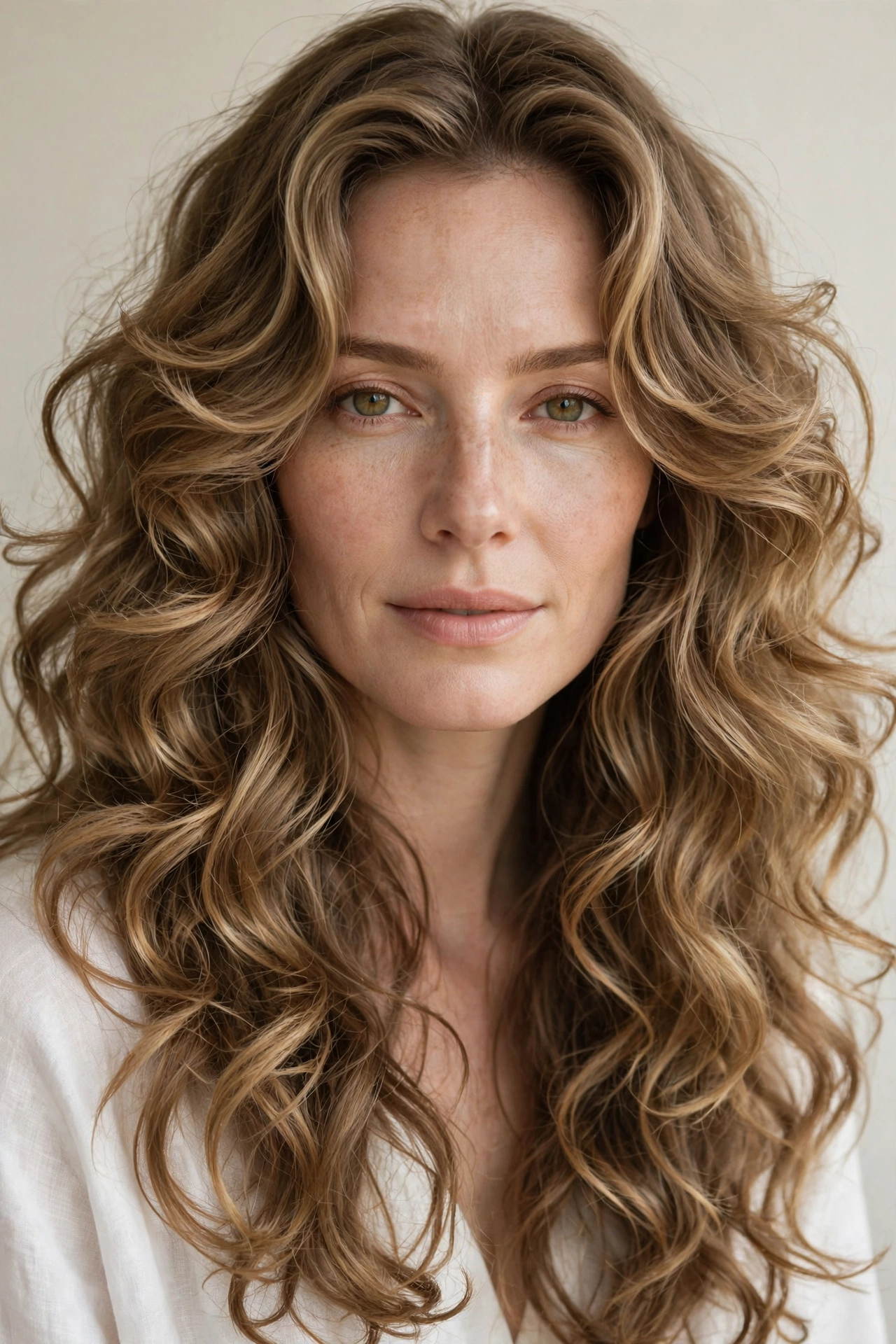 Woman with voluminous face-framing curly layers, a glamorous long curly hairstyle idea