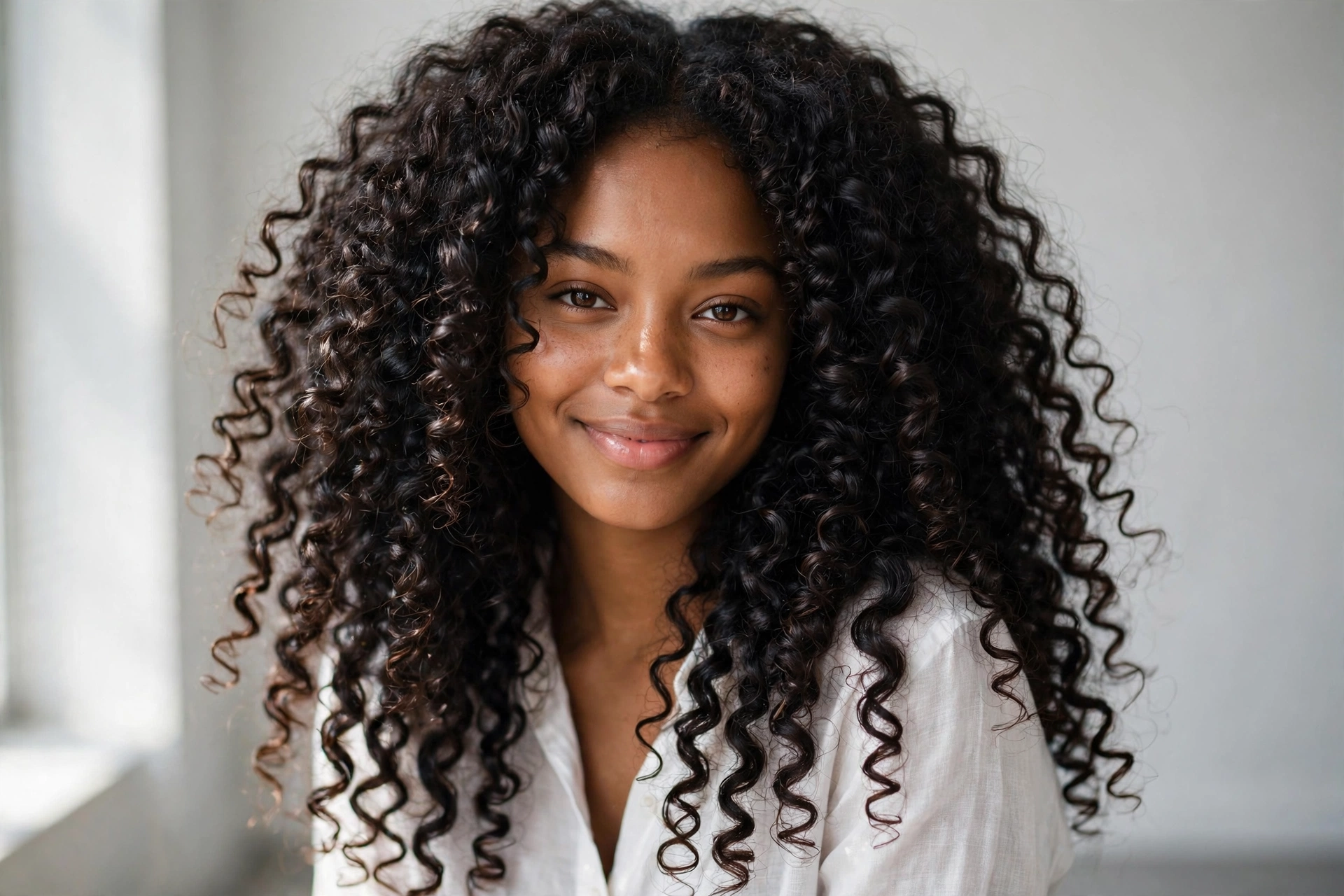 Woman with voluminous natural curls, showcasing curly hairstyle ideas for women embracing their natural texture