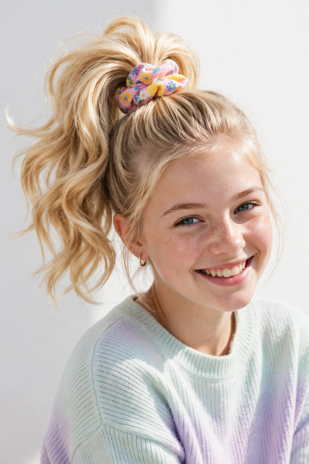 Teen girl with a high ponytail and scrunchie, a cute school hairstyle