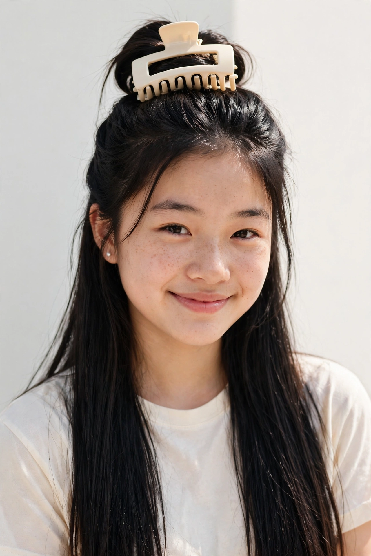 Teen girl with a half-up claw clip hairstyle, a trendy school hairstyle