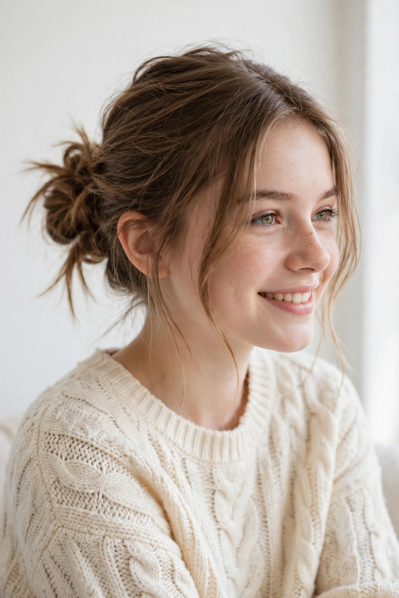 Teen girl with a low messy bun, an easy school hairstyle