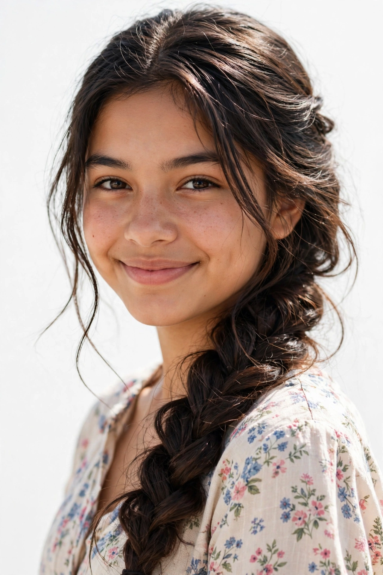 Teen girl with a side braid and face-framing pieces, a romantic school hairstyle