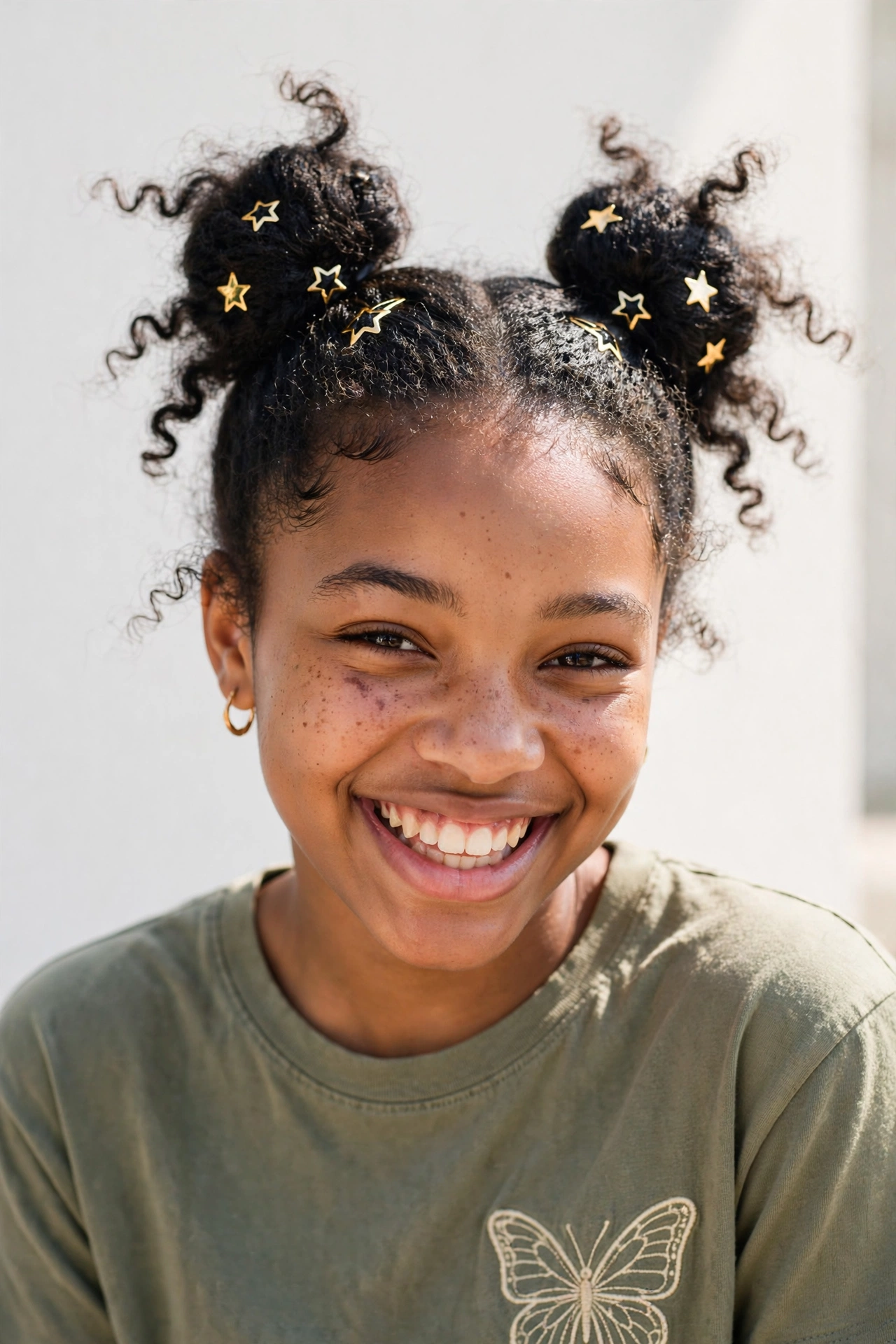 Teen girl with playful space buns, a fun school hairstyle
