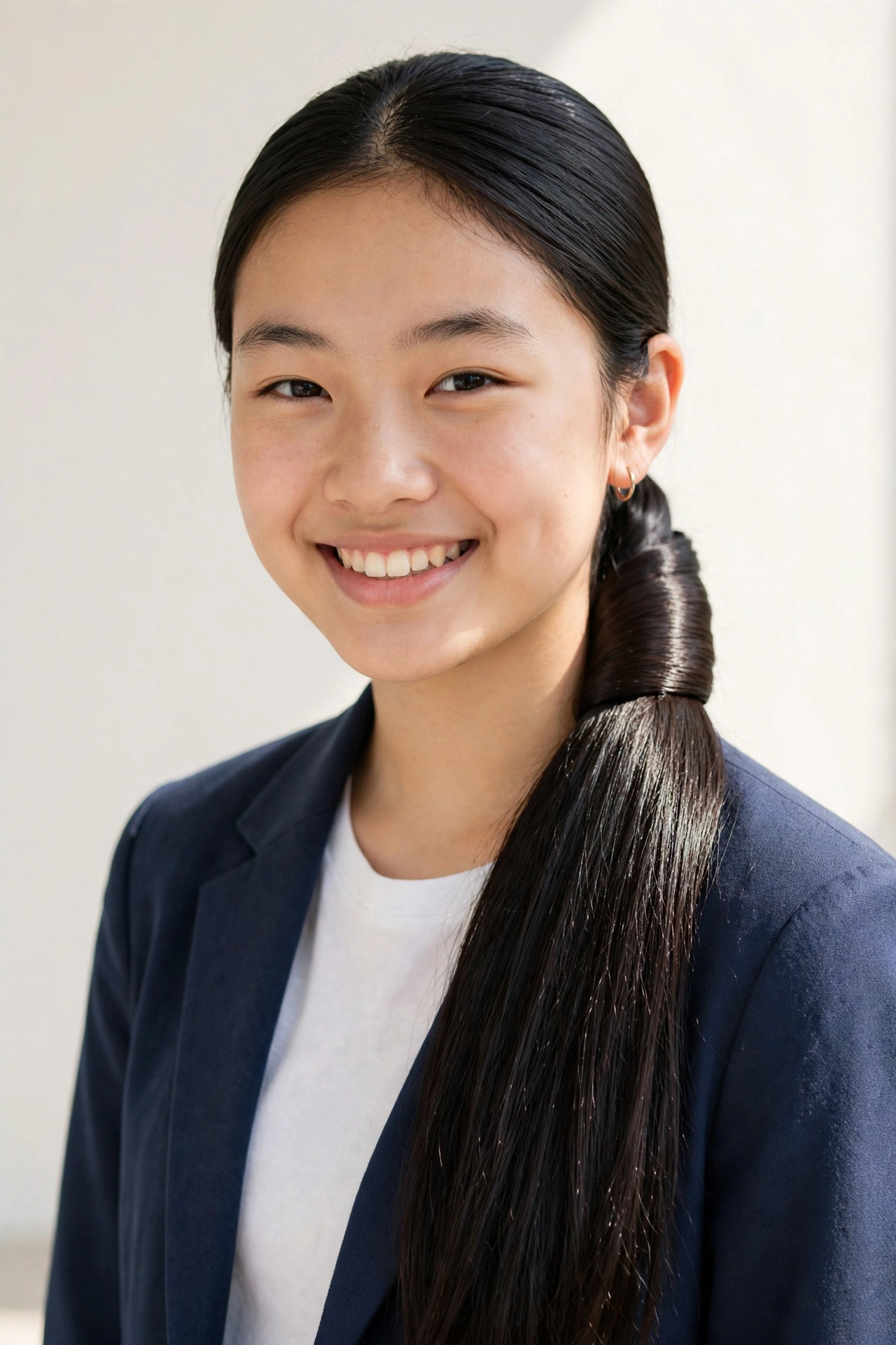 Teen girl with a sleek low ponytail, a polished school hairstyle