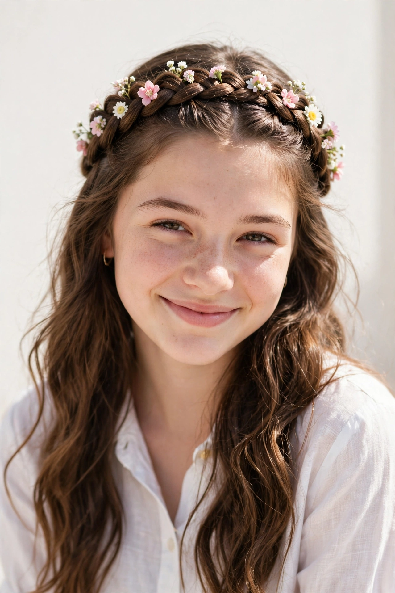 Teen girl with a braided crown headband, a romantic school hairstyle