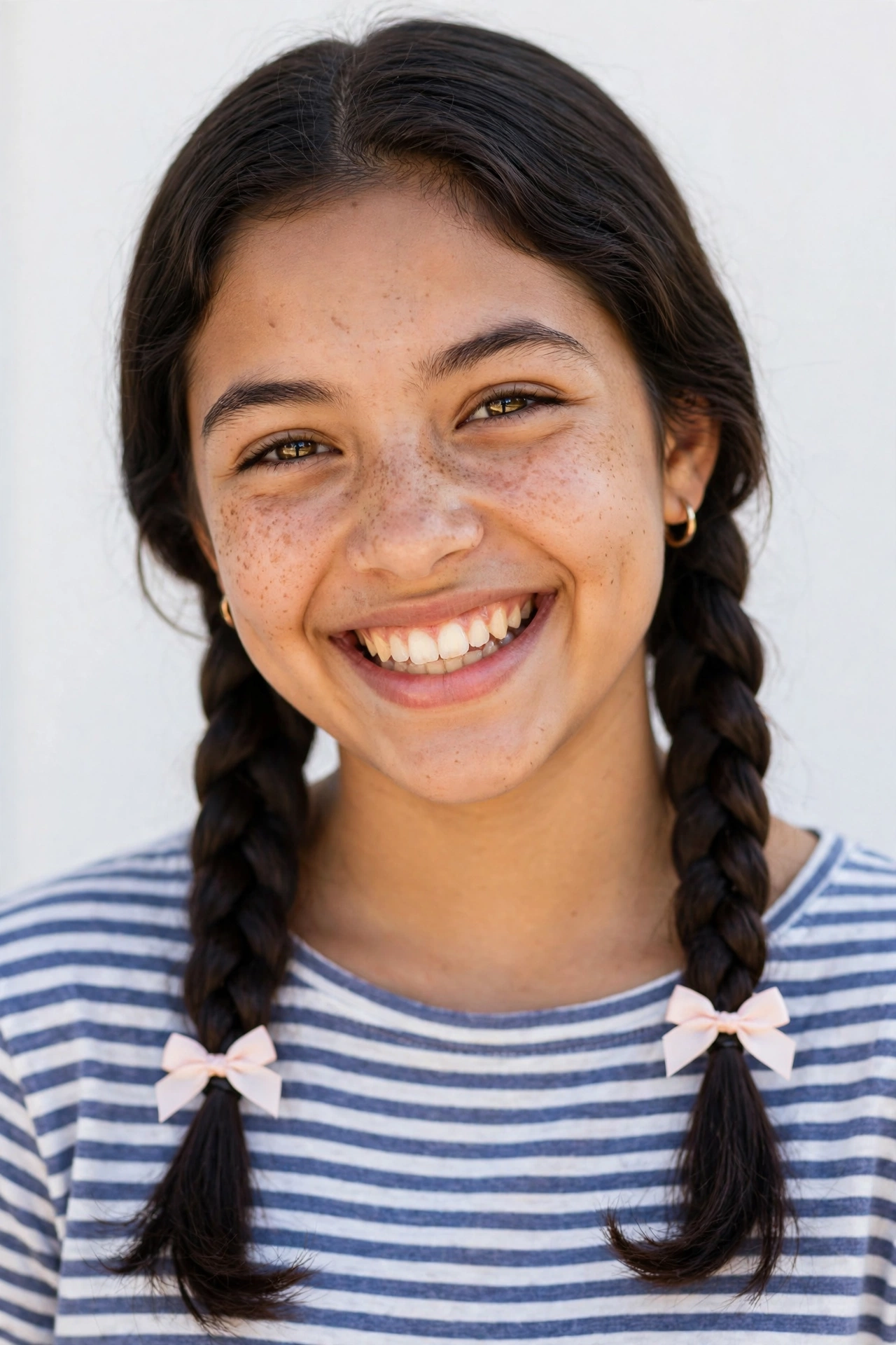 Teen girl with two low pigtail braids, a sweet school hairstyle