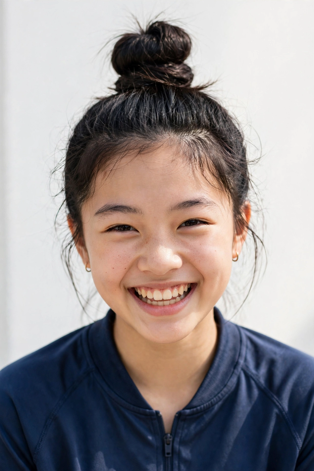 Teen girl with a top knot bun, a sporty school hairstyle