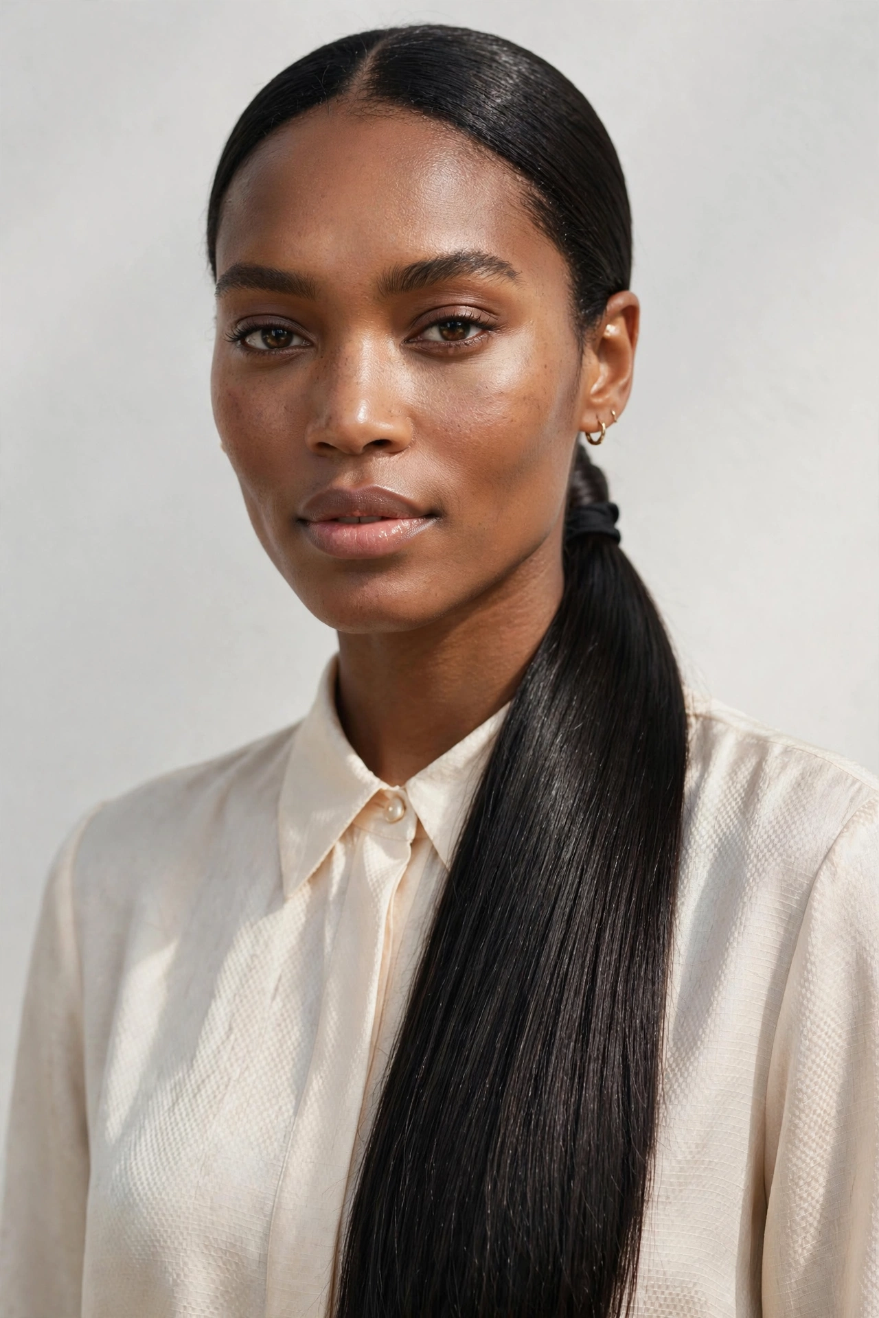 Sleek low ponytail with a side part, a polished easy 5 minute hairstyle