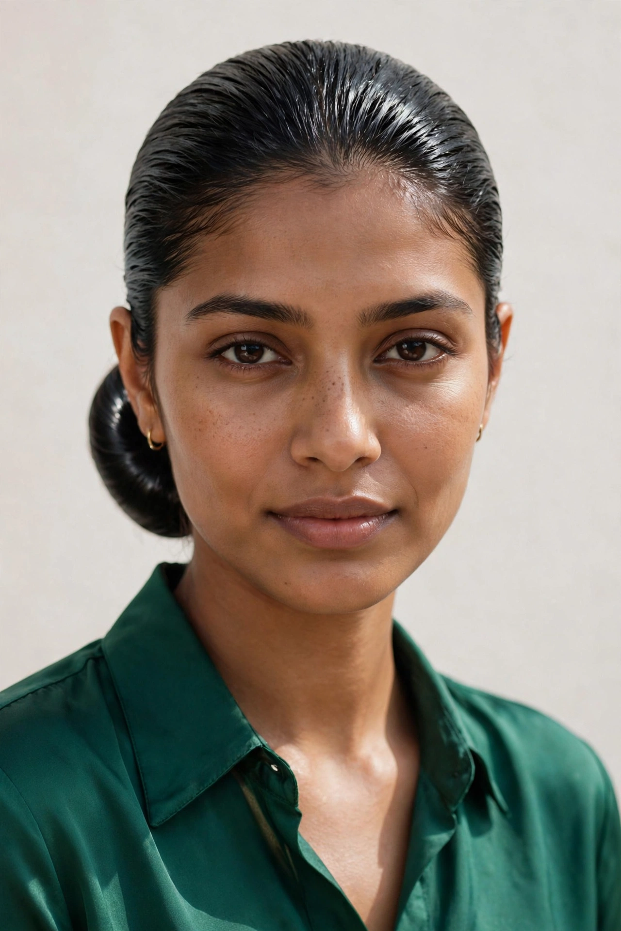 Slicked-back glossy low bun, a power easy 5 minute hairstyle