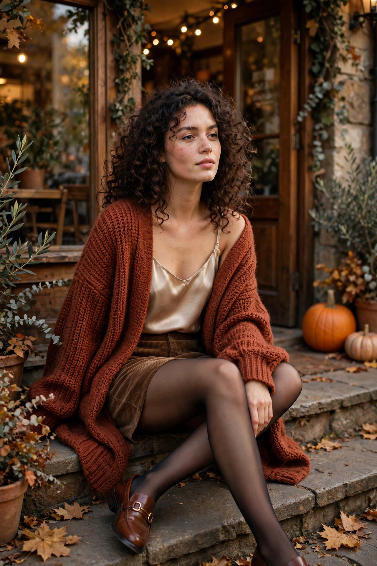 Woman in an oversized rust cardigan over a satin cami with a corduroy skirt, cozy fall brunch outfit