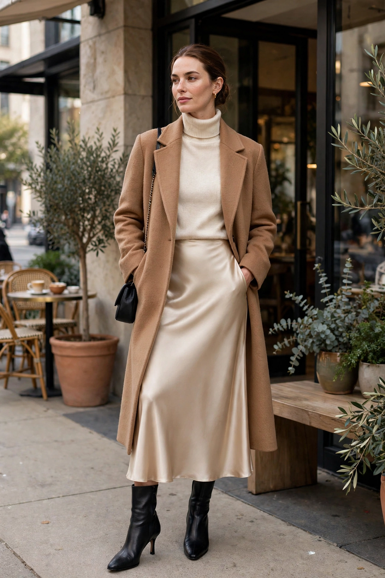 Woman wearing a camel wool coat over a champagne satin slip skirt, chic fall brunch outfit