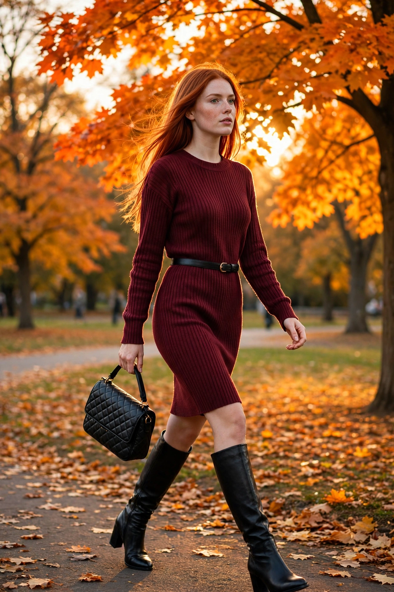 Woman in a burgundy sweater dress with black knee-high boots, bold fall brunch outfit