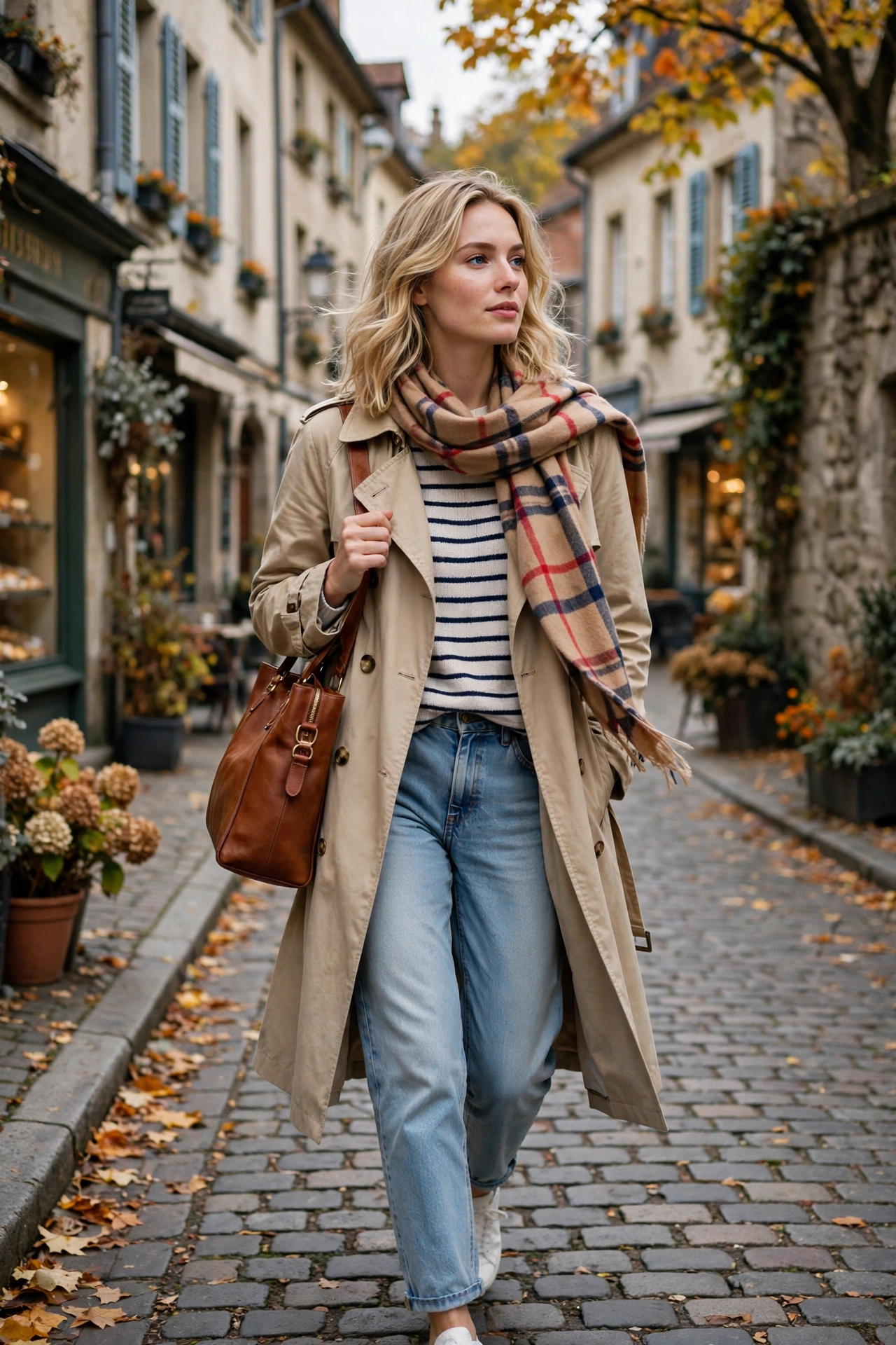 Woman wearing a beige trench coat with mom jeans and a checked scarf, European-style fall brunch outfit