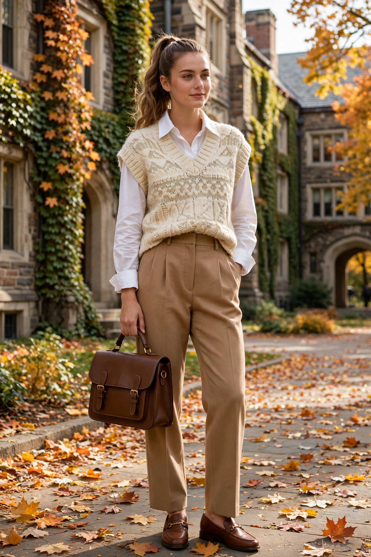 Woman layering a chunky cream knit vest over a white shirt with camel trousers, preppy fall brunch outfit
