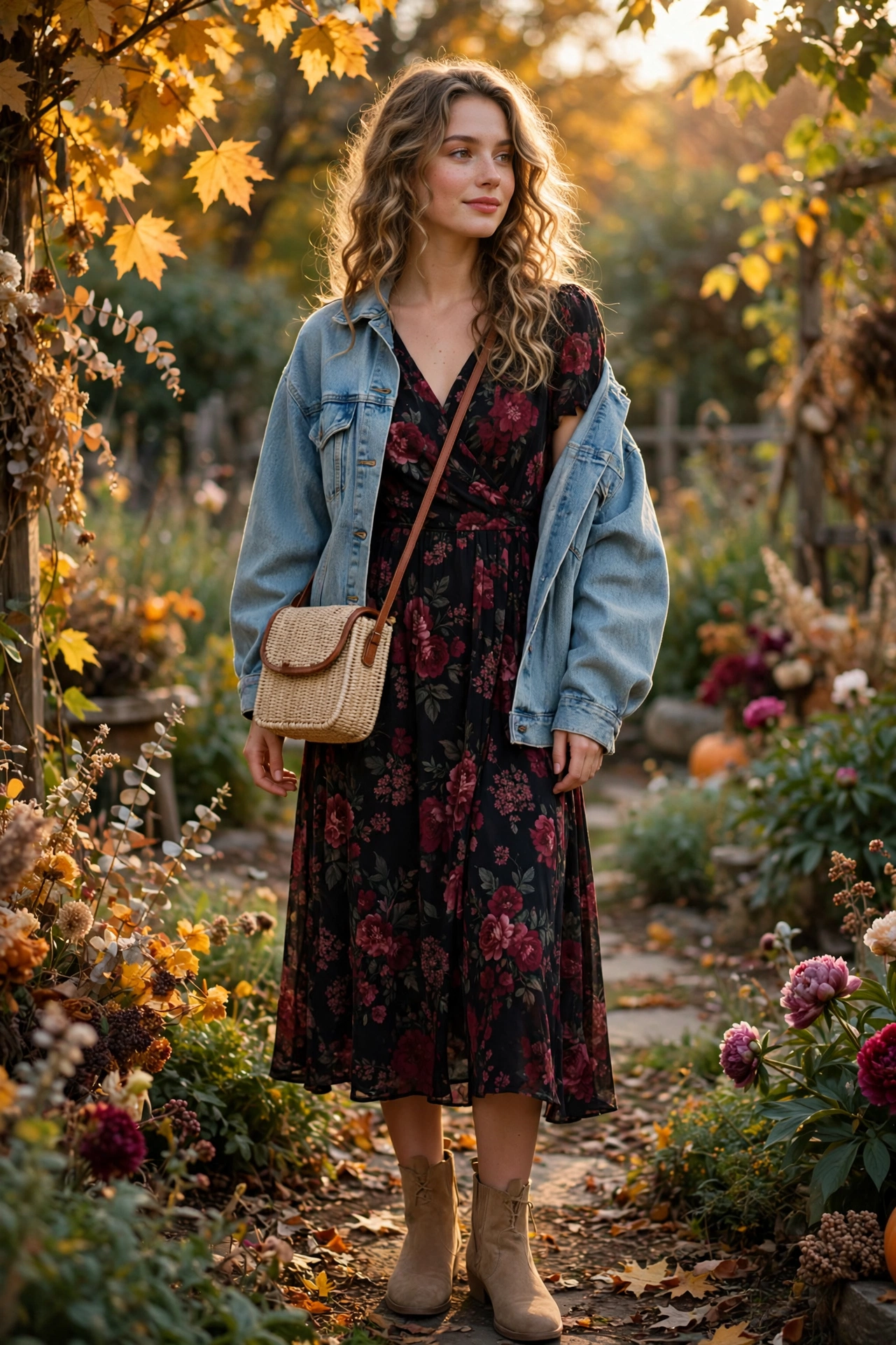 Woman in a dark floral midi dress with an oversized denim jacket and suede ankle boots, romantic fall brunch outfit