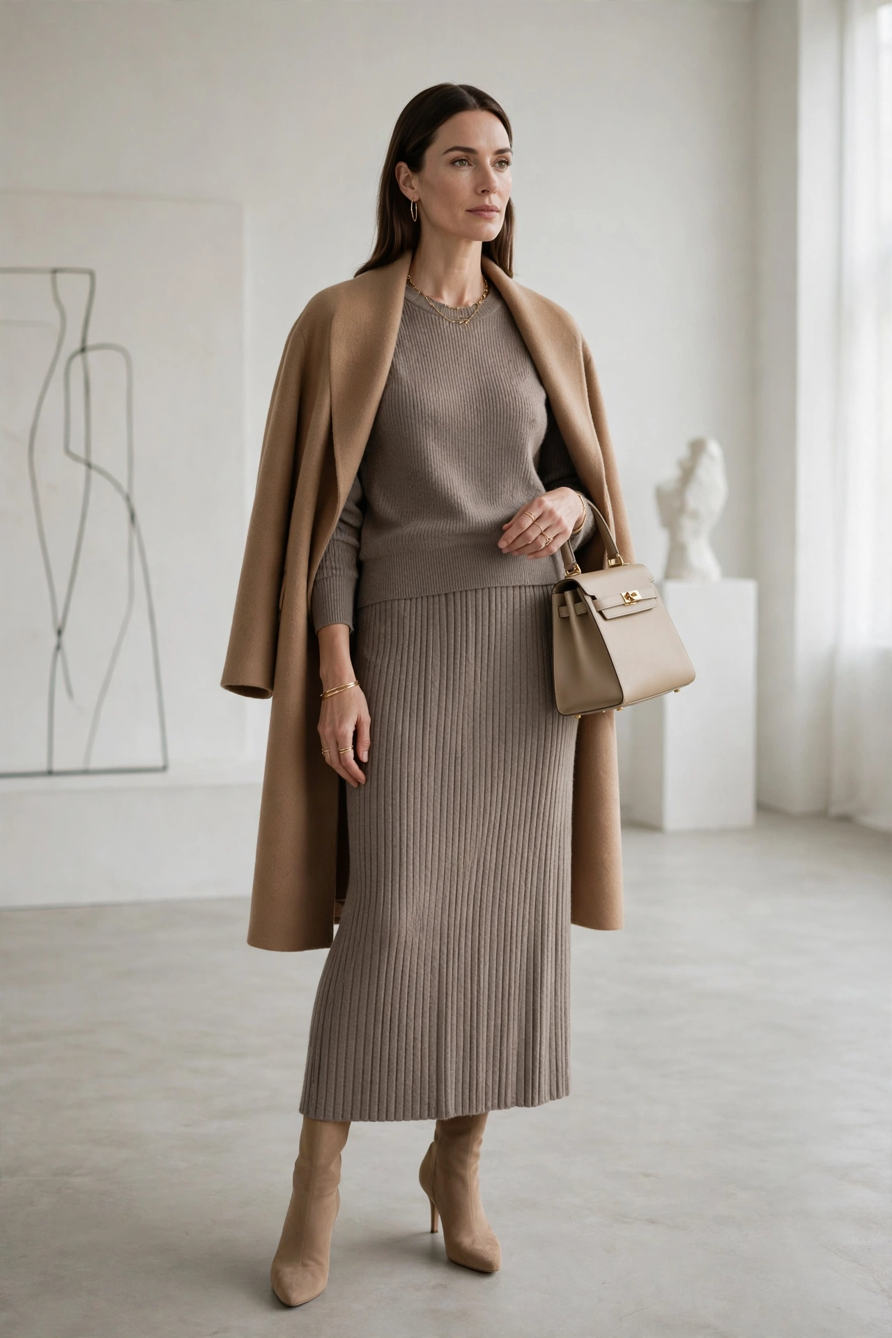 Woman in a taupe monochrome knit sweater and skirt set with nude boots, minimalist fall brunch outfit
