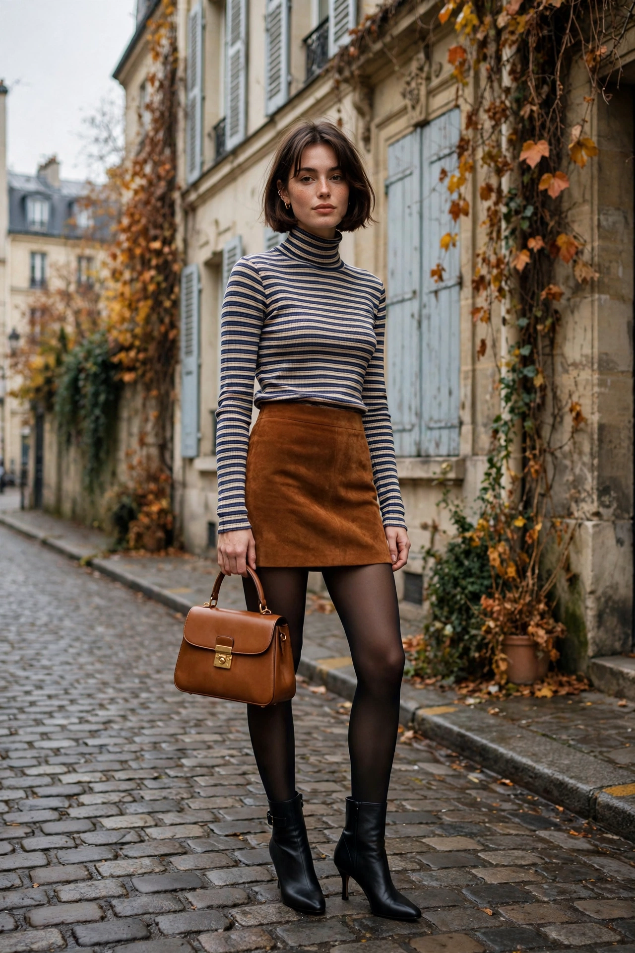 Woman wearing a cognac suede skirt with a striped turtleneck and heeled ankle boots, Parisian fall brunch outfit