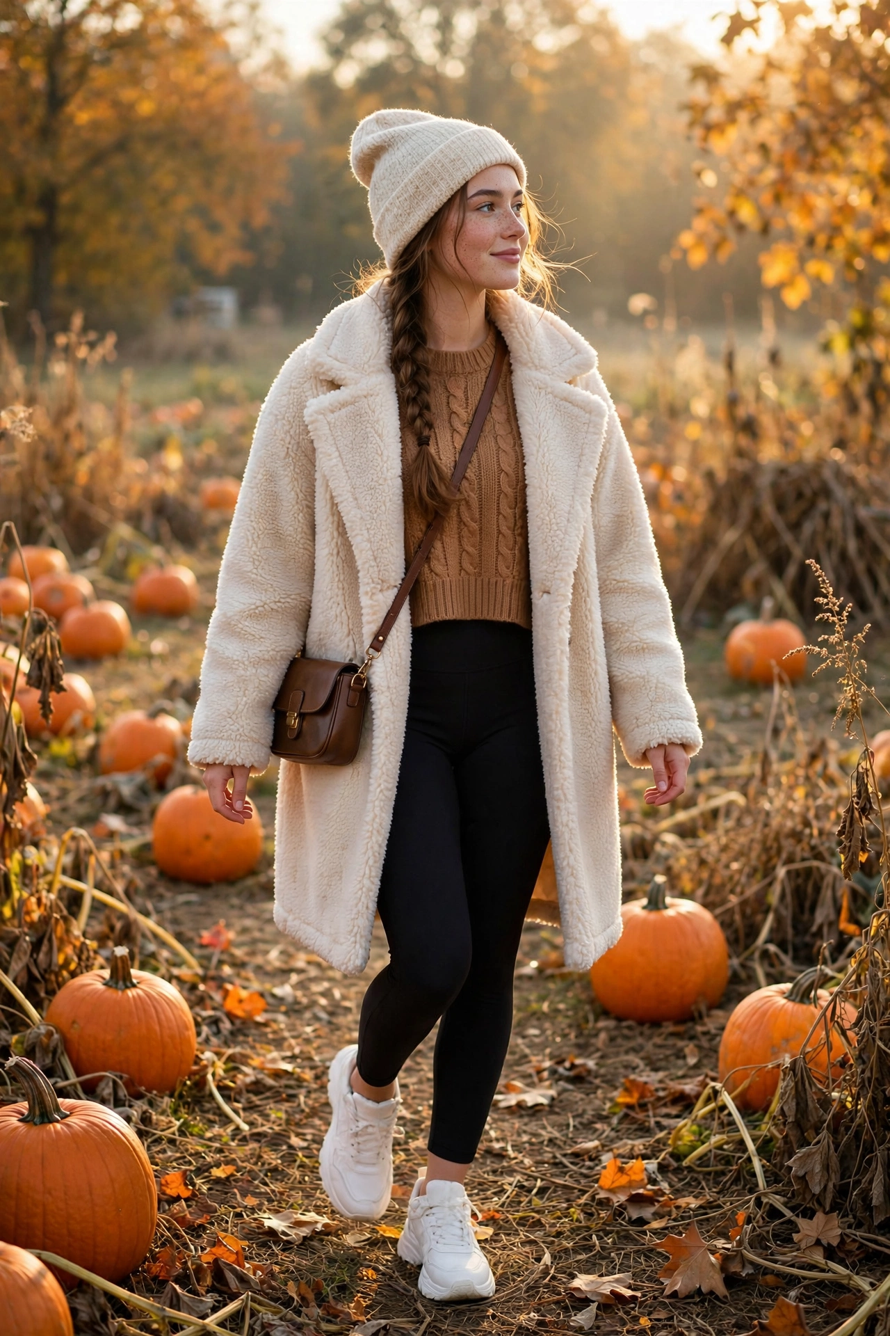 Woman in a cream teddy coat over black leggings and a cropped knit with chunky sneakers, cozy fall brunch outfit