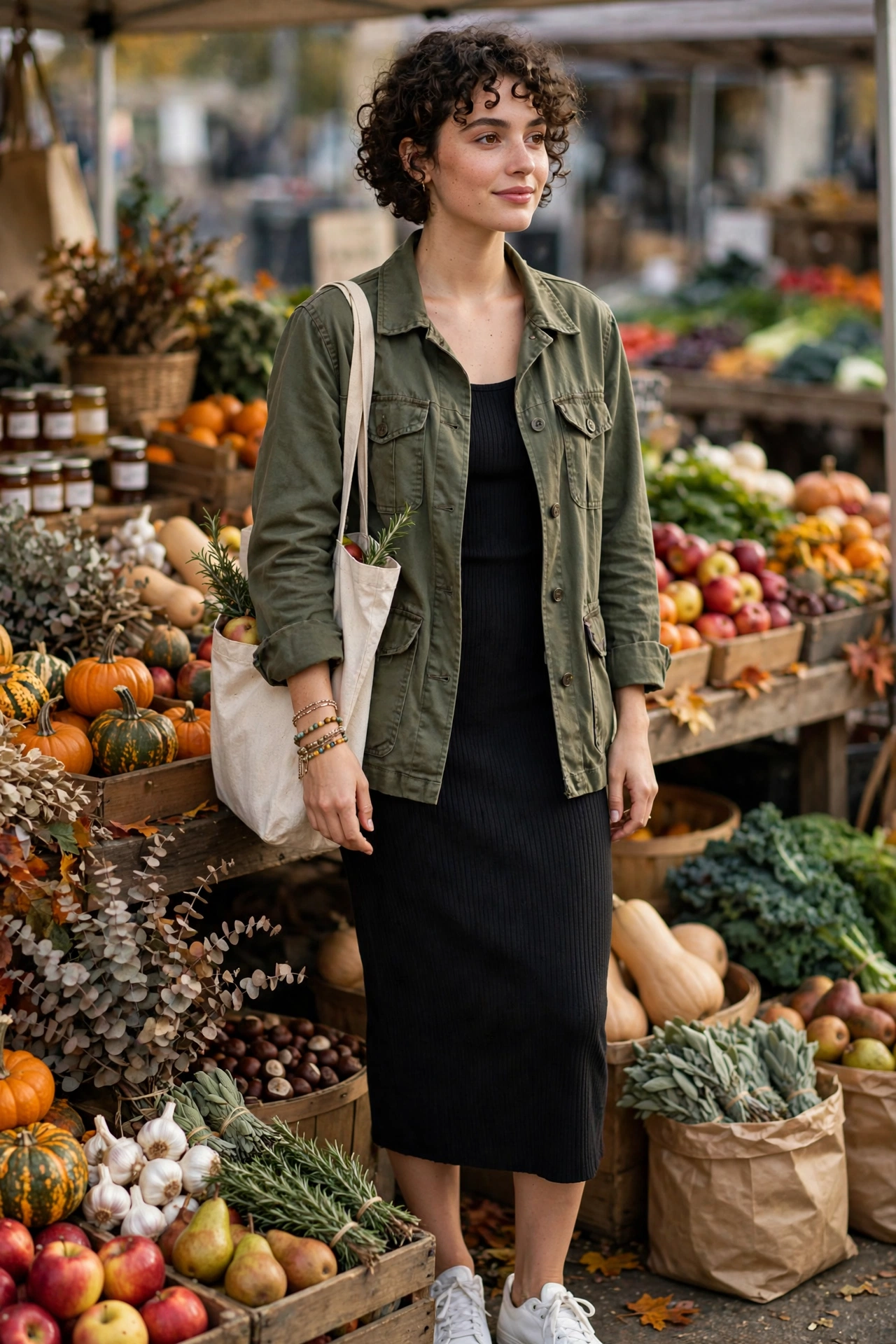 Woman wearing an olive utility jacket over a black ribbed midi dress with white sneakers, casual fall brunch outfit