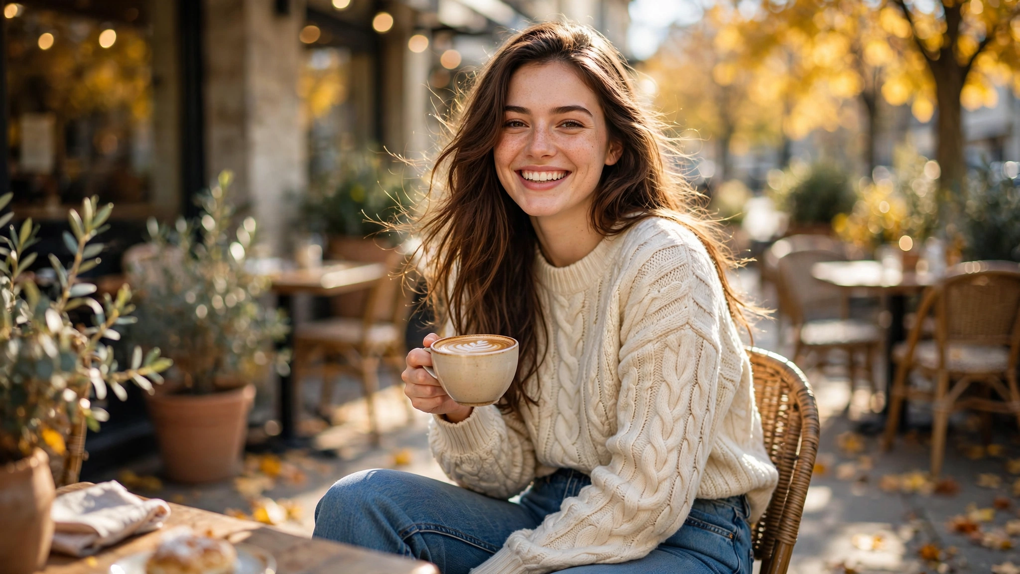 Fall brunch outfit idea for women: smiling woman in a cream knit sweater enjoying autumn brunch on a sunny café patio