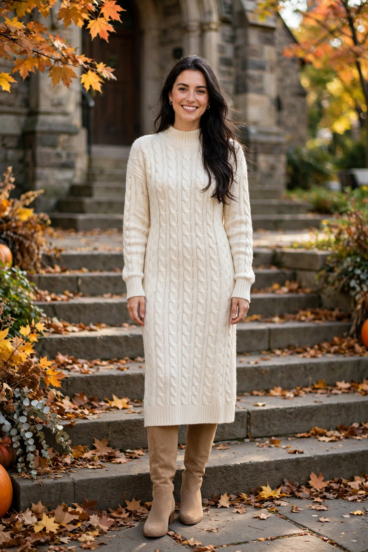 Woman wearing a floral midi dress with a cream cardigan and flats outside church
