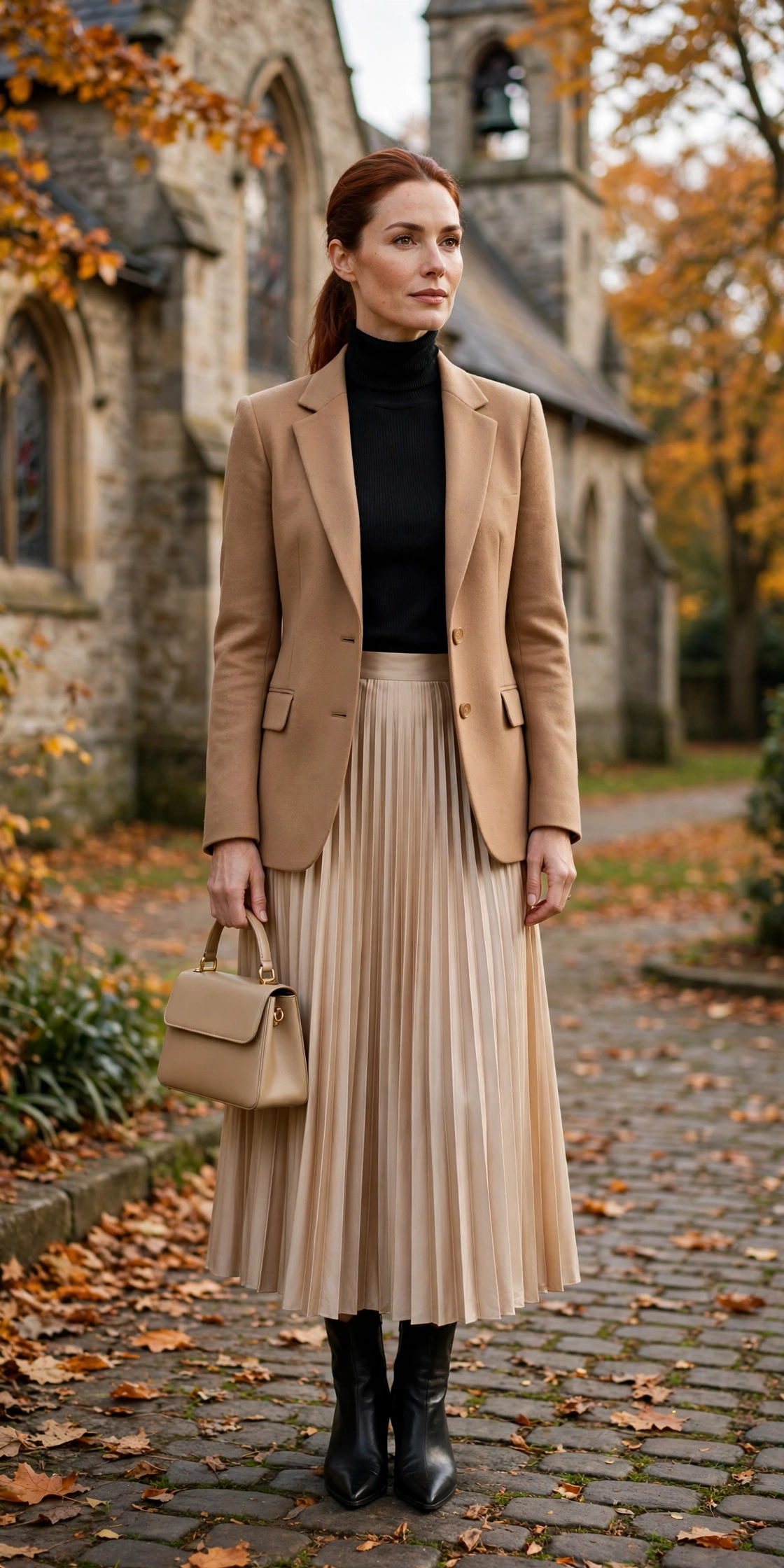 Woman in a burgundy turtleneck sweater with a pleated midi skirt and boots