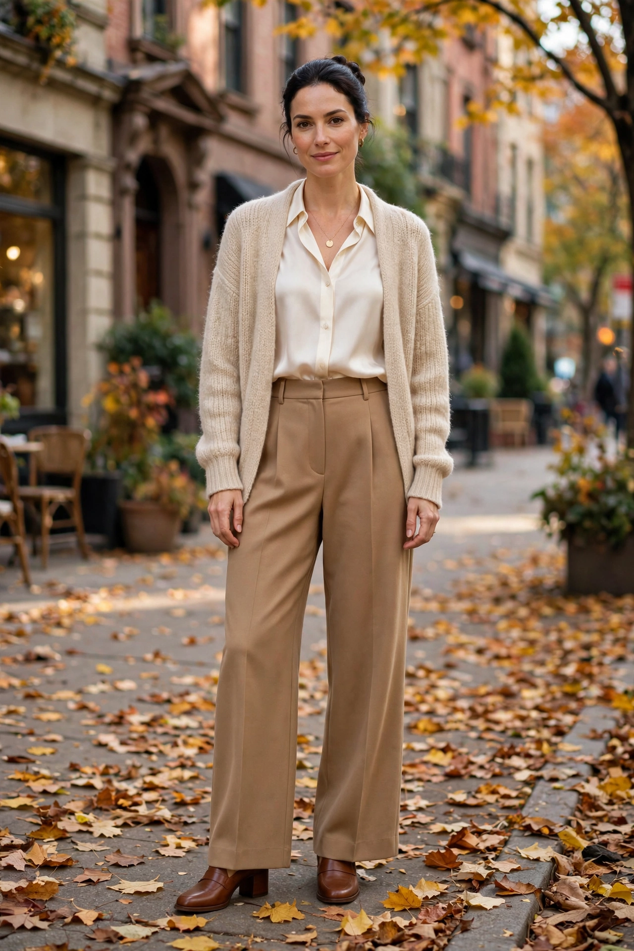 Woman in a matching cream sweater set with a knit midi skirt and flats