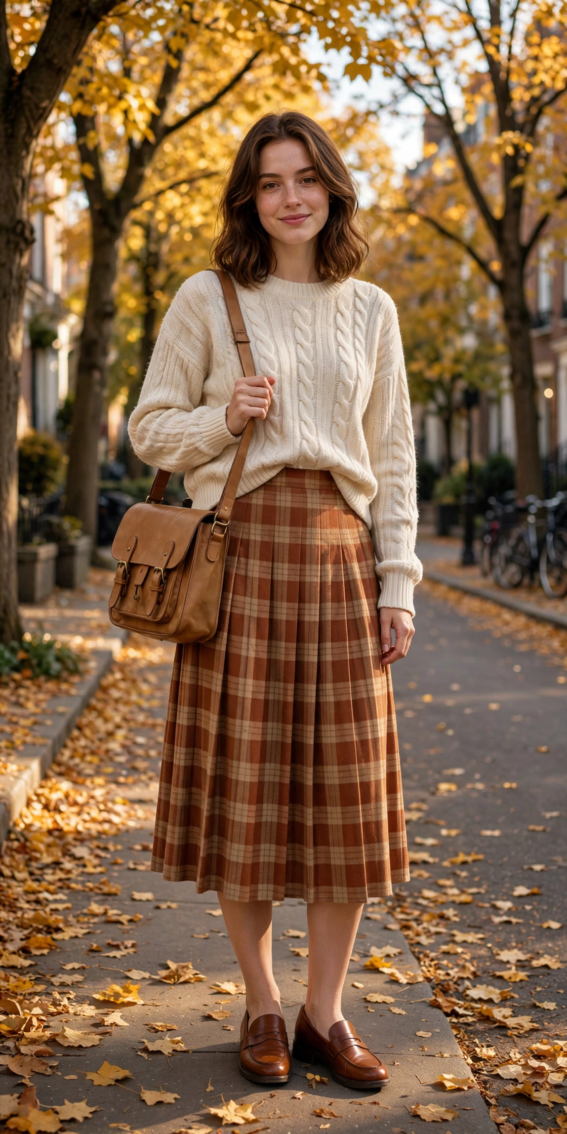 Woman wearing a plaid midi dress with opaque tights and knee-high boots