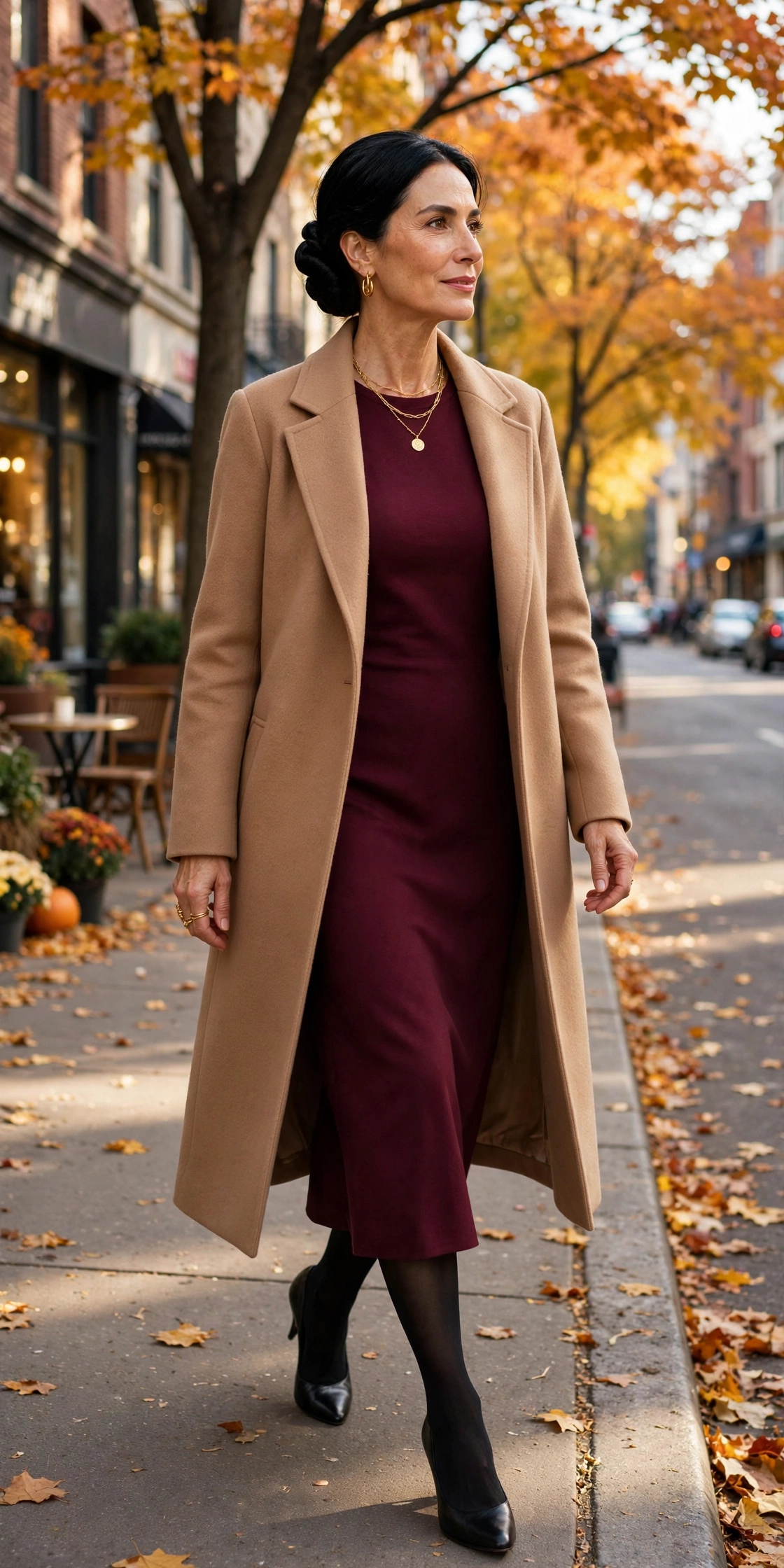 Woman in an ivory blouse with high-waisted camel trousers and loafers