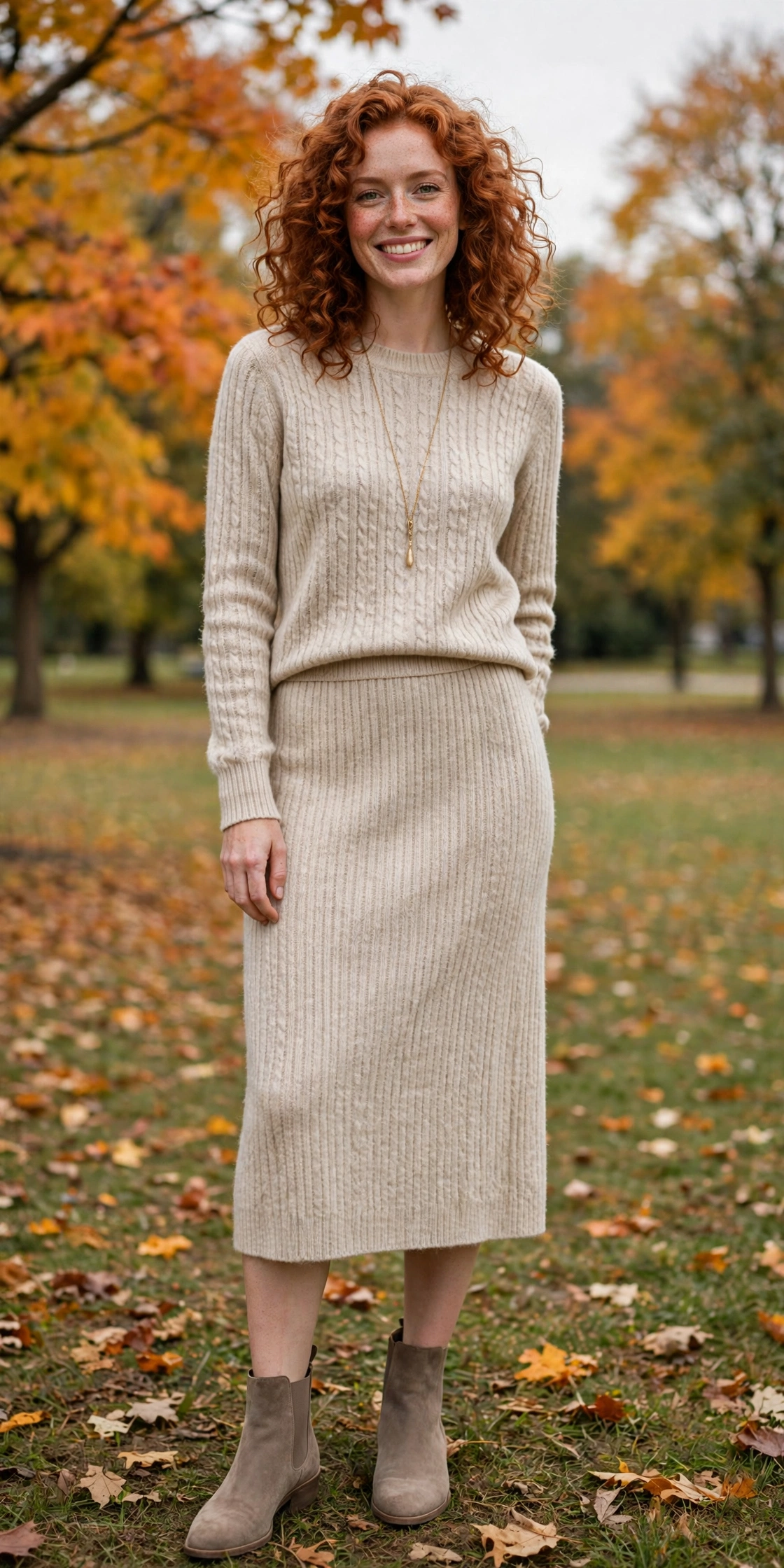 Woman wearing a lace-trim midi dress with a long cardigan and heels
