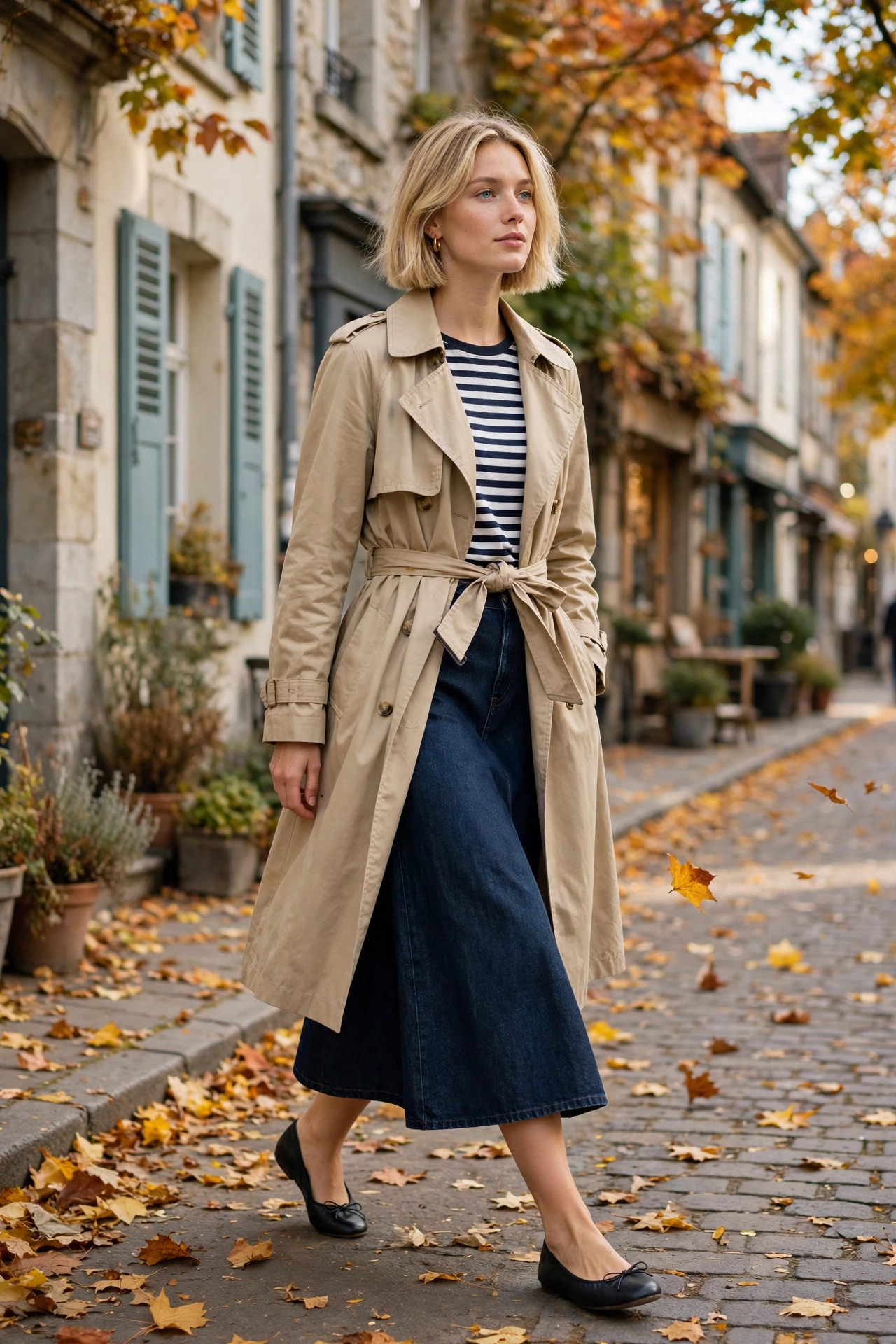Woman in a tweed jacket over a black midi dress with pumps