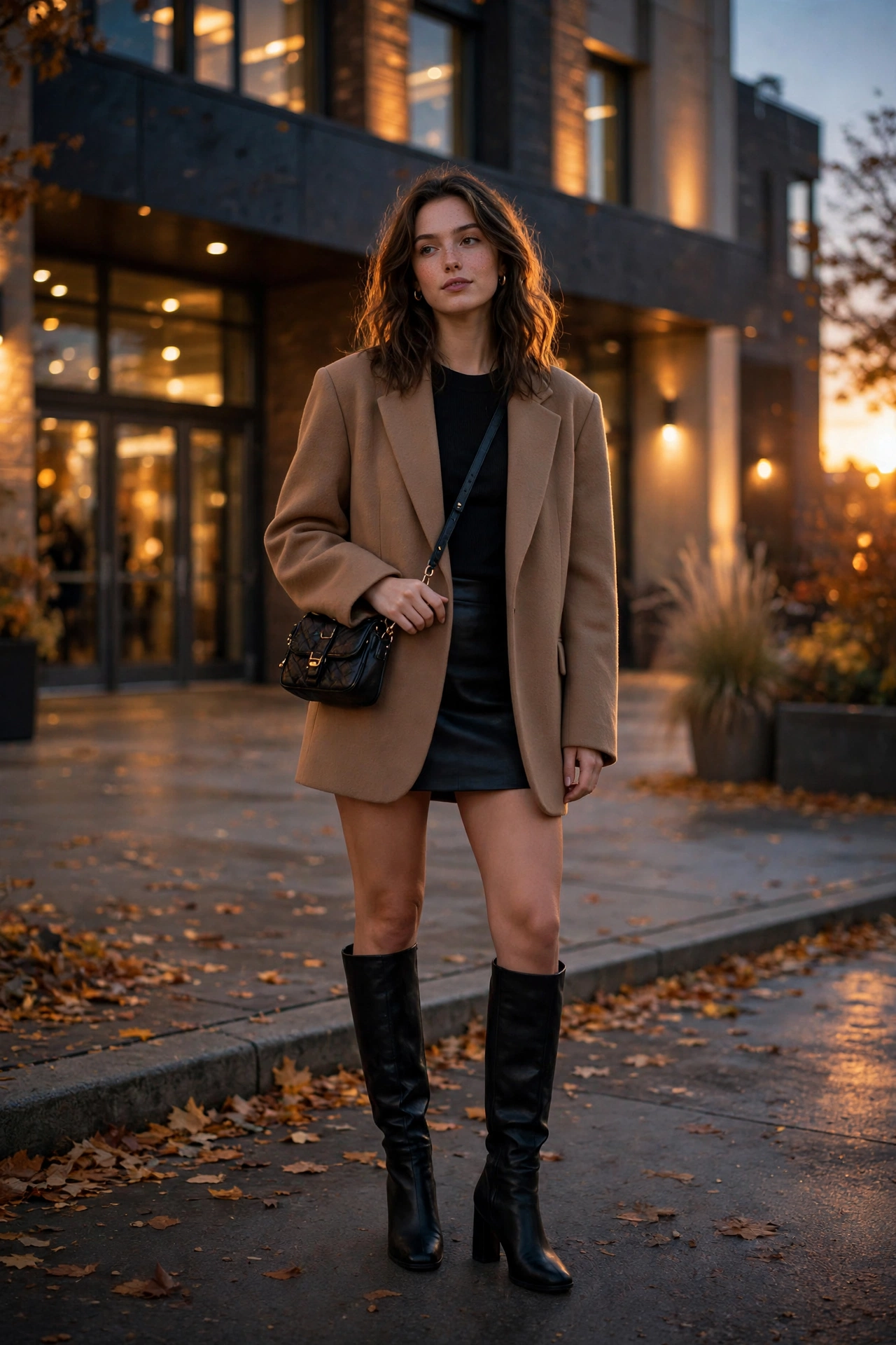 Woman in a plaid mini skirt with an oversized band hoodie, tights and combat boots
