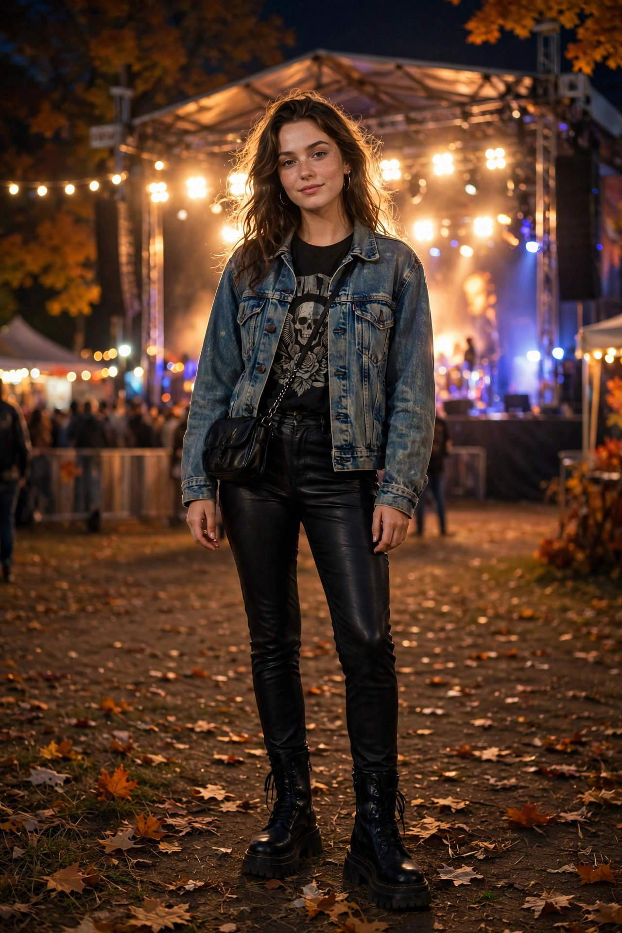 Woman in an all-black concert outfit with statement knee-high boots under stage lights