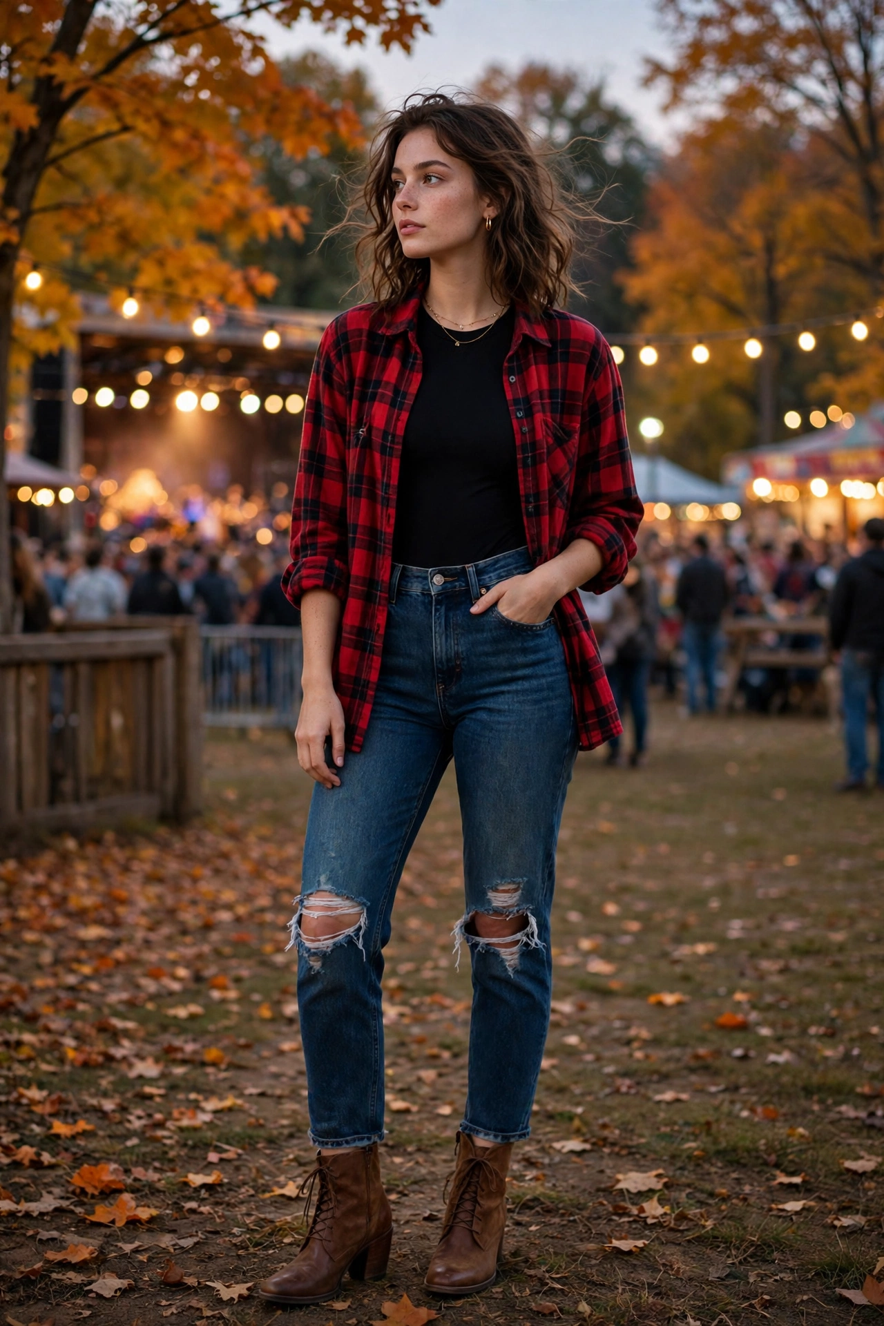 Woman wearing a satin slip dress with a moto jacket and combat boots at a night concert